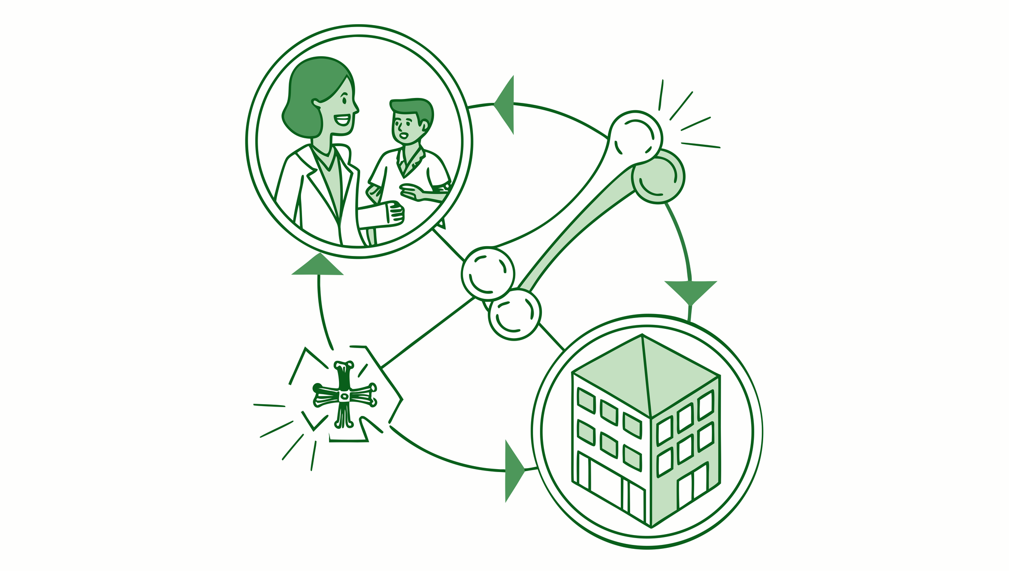 Vector illustration showing stylized human bones interconnected with building blocks and small figurative advisors, representing SovDoc's specialized compliance and legal advisory services for orthopedic and post-surgical rehabilitation practice mergers and acquisitions.