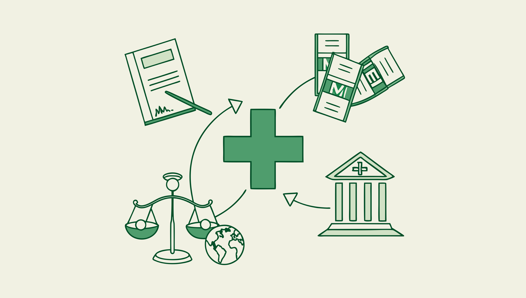Abstract illustration showing the merger of healthcare entities with legal and medical symbols for SovDoc's primary care practice M&A compliance advisory services