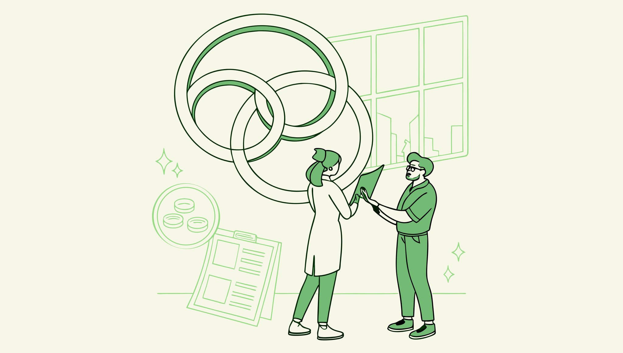 Stylized illustration depicting collaboration in healthcare M&A - SovDoc advisors facilitating School and Community-Based ABA practice mergers, representing compliance considerations in healthcare acquisitions.