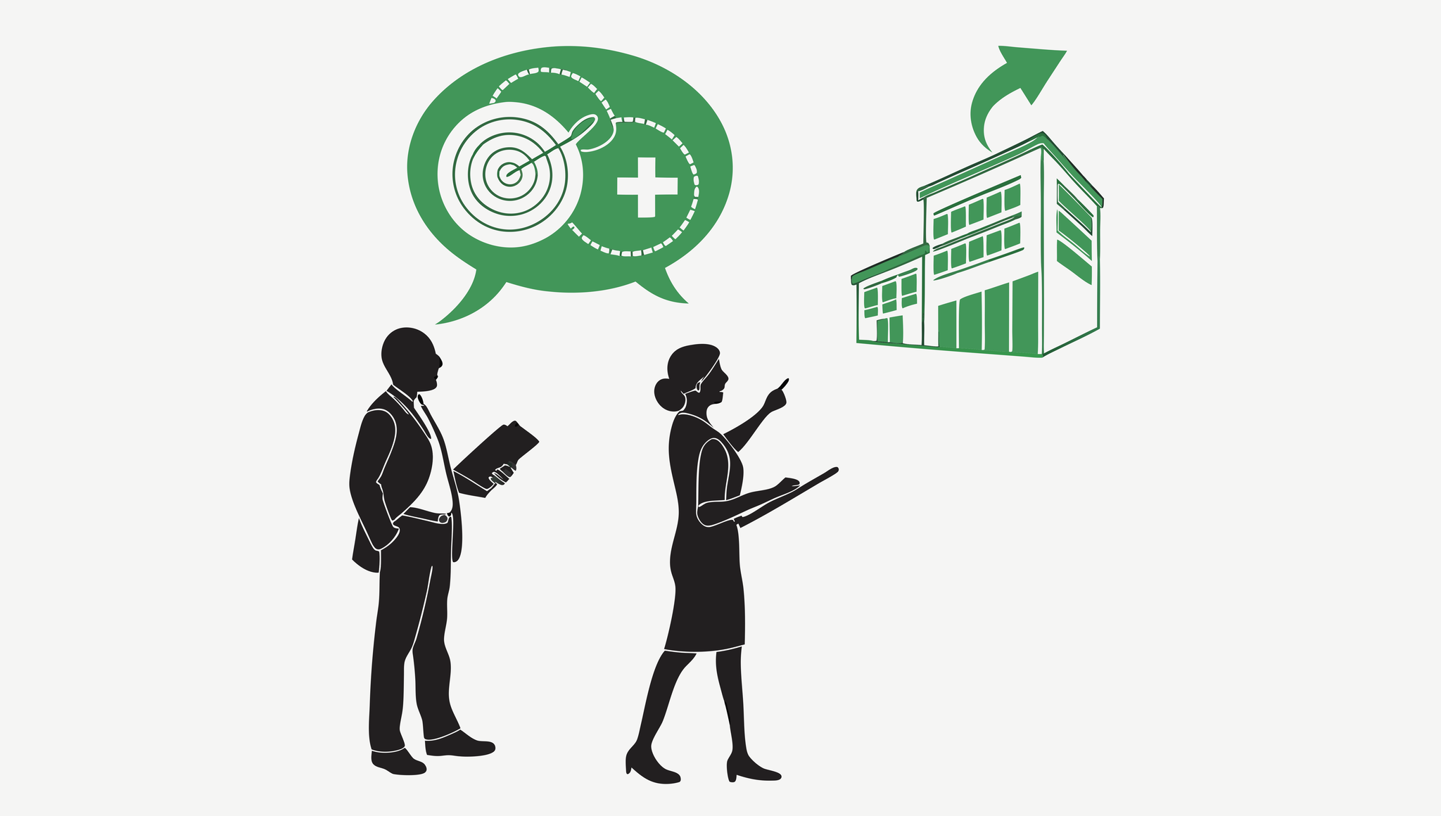 Illustration showing business figures discussing skilled nursing facility acquisitions with SovDoc, representing healthcare M&A advisors facilitating successful SNF mergers and growth opportunities in medical practice transactions.