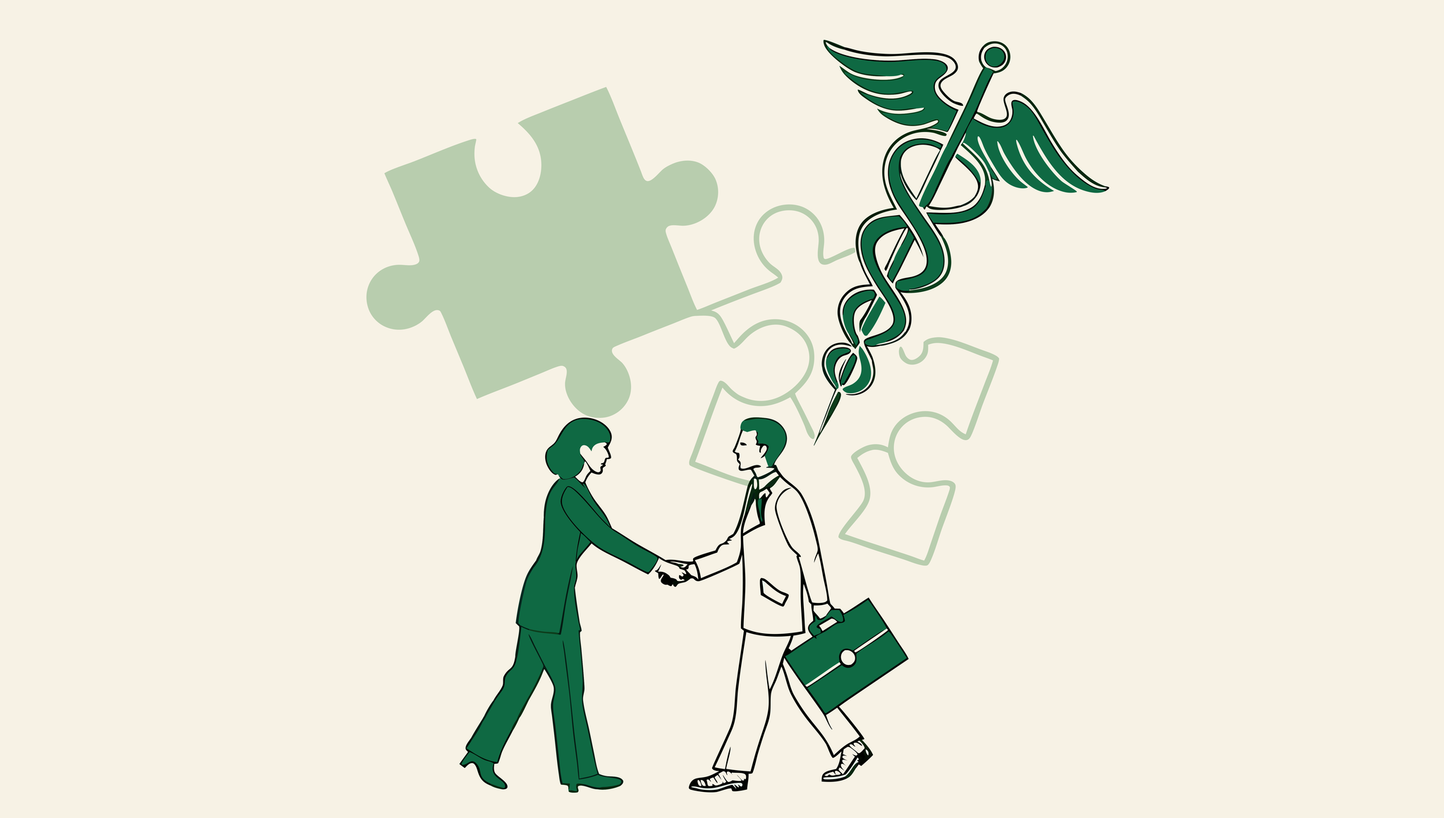 Two business figures shaking hands with medical caduceus symbol and puzzle pieces - representing SovDoc's expertise in compliance and M&A advisory for Sports Medicine & Performance Therapy practice mergers and acquisitions.