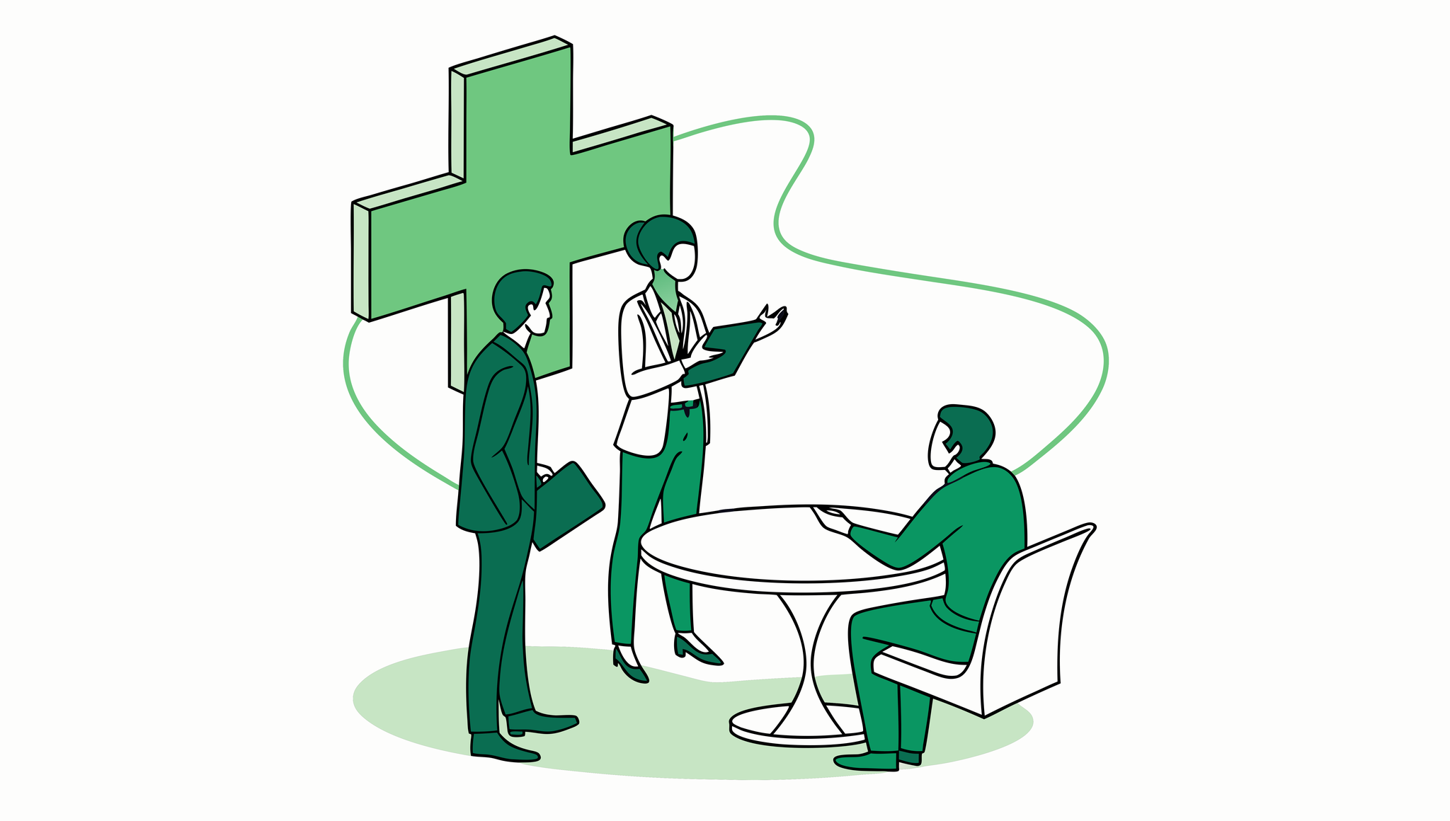 SovDoc healthcare M&A illustration showing compliance advisors in an urgent care acquisition meeting, with medical and legal professionals discussing regulatory considerations around a conference table with healthcare compliance symbols.