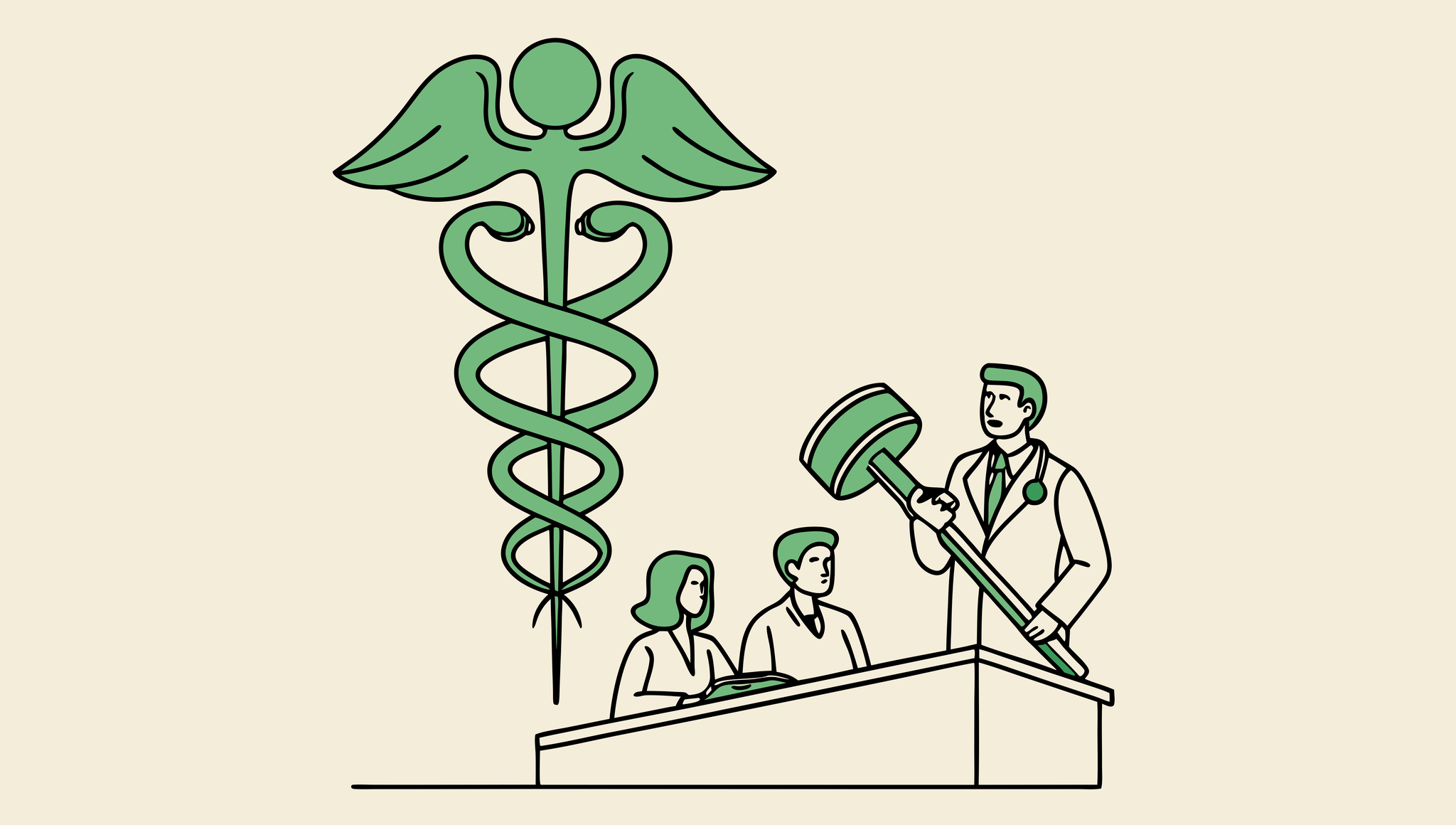 SovDoc illustration depicting compliance lawyers collaborating on urology practice mergers and acquisitions, featuring medical and legal symbols representing healthcare M&A expertise and regulatory due diligence.