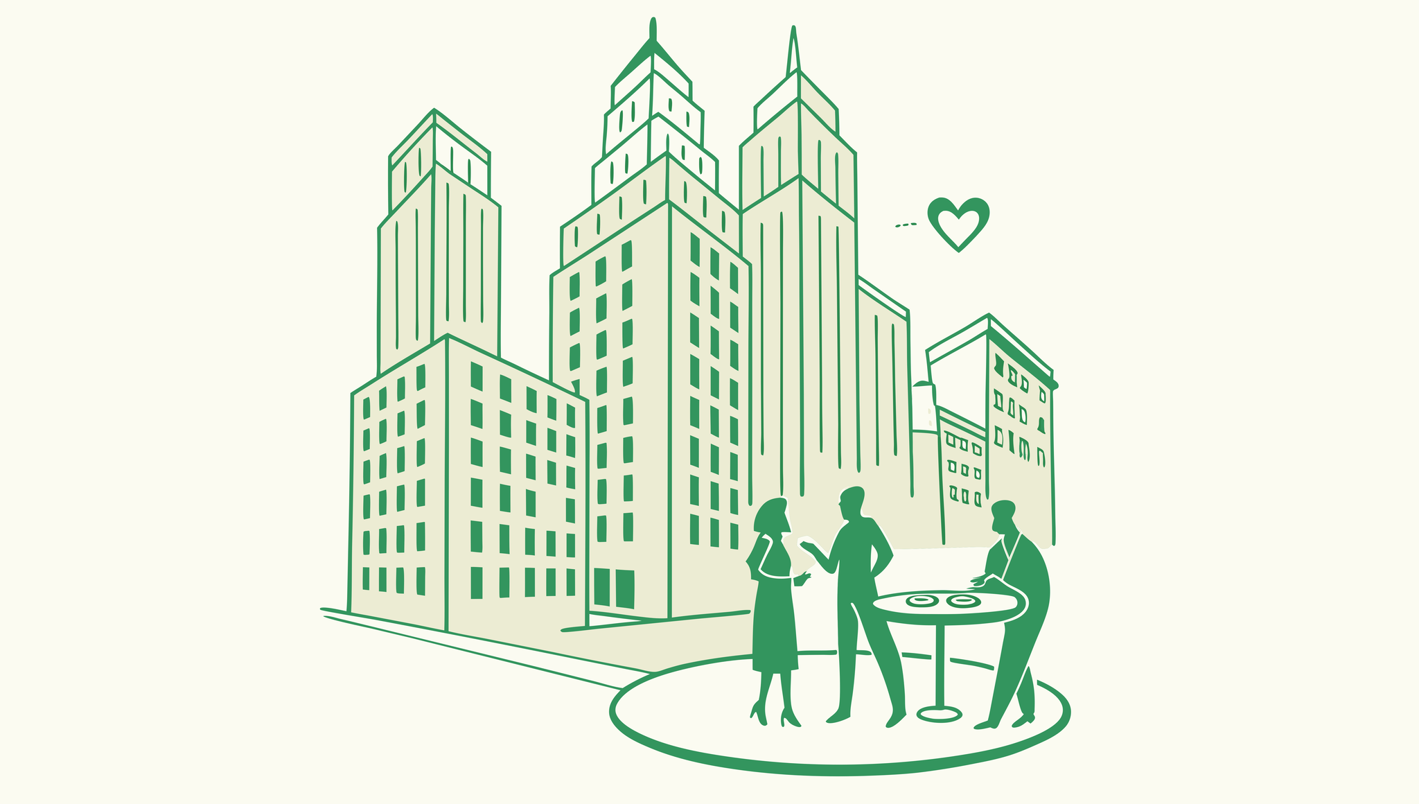 Minimalist illustration of CPAs discussing cardiology practice mergers and acquisitions around a table with network diagrams flowing from cityscape buildings with heart elements - SovDoc healthcare M&A advisory services