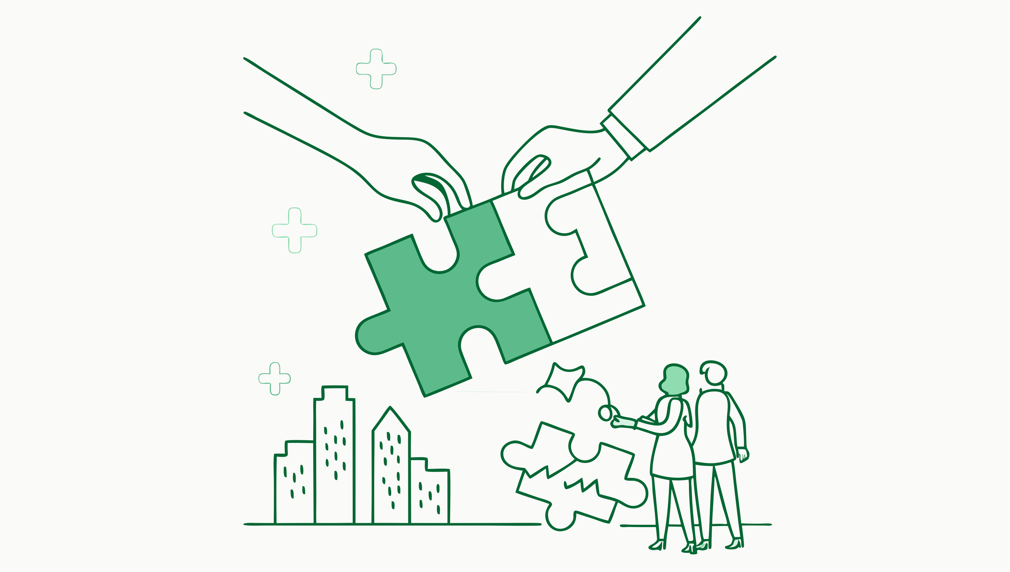 Minimalist illustration of puzzle pieces forming a medical cross with collaborative hands, representing SovDoc's M&A advisory services for Clinic-Based ABA Therapy practices, showing how the right expertise connects all pieces in healthcare practice mergers and acquisitions.