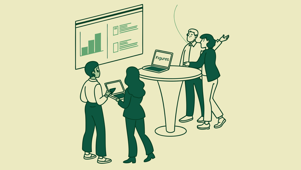Stylized professionals discussing dental practice M&A strategies around a modern table with technology and financial growth charts - SovDoc healthcare M&A advisors helping CPAs navigate dental practice mergers and acquisitions.