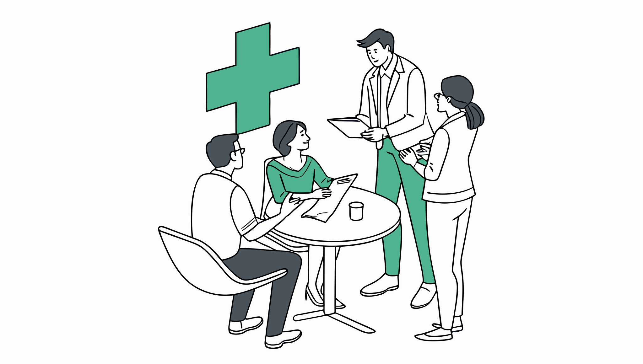 SovDoc healthcare M&A advisors in a strategic meeting discussing dermatology practice mergers and acquisitions, with professionals analyzing documentation around a conference table with medical symbolism present.