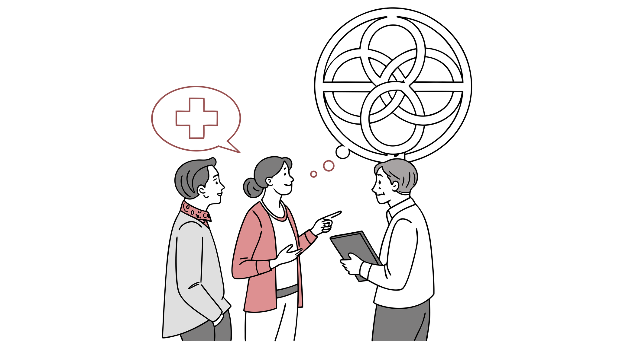 CPAs and healthcare executives discussing ENT medical practice mergers and acquisitions at SovDoc roundtable, analyzing complex M&A structures represented by abstract geometric symbols.