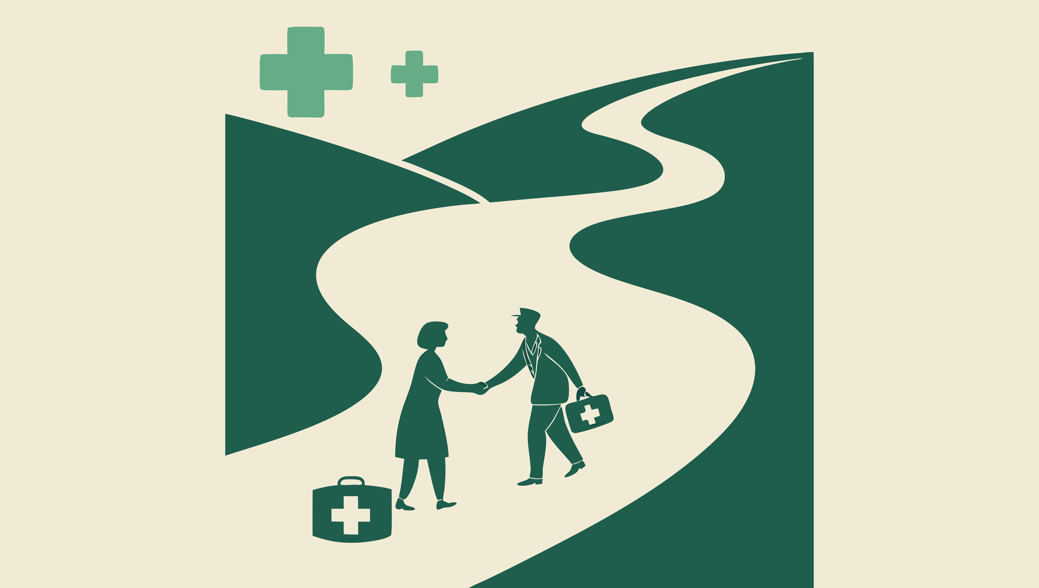 Stylized illustration showing business figures shaking hands across a flowing river with merging liver and digestive organs and financial symbols - representing SovDoc's specialized M&A advisory services for CPAs in gastroenterology and hepatology practice transactions.