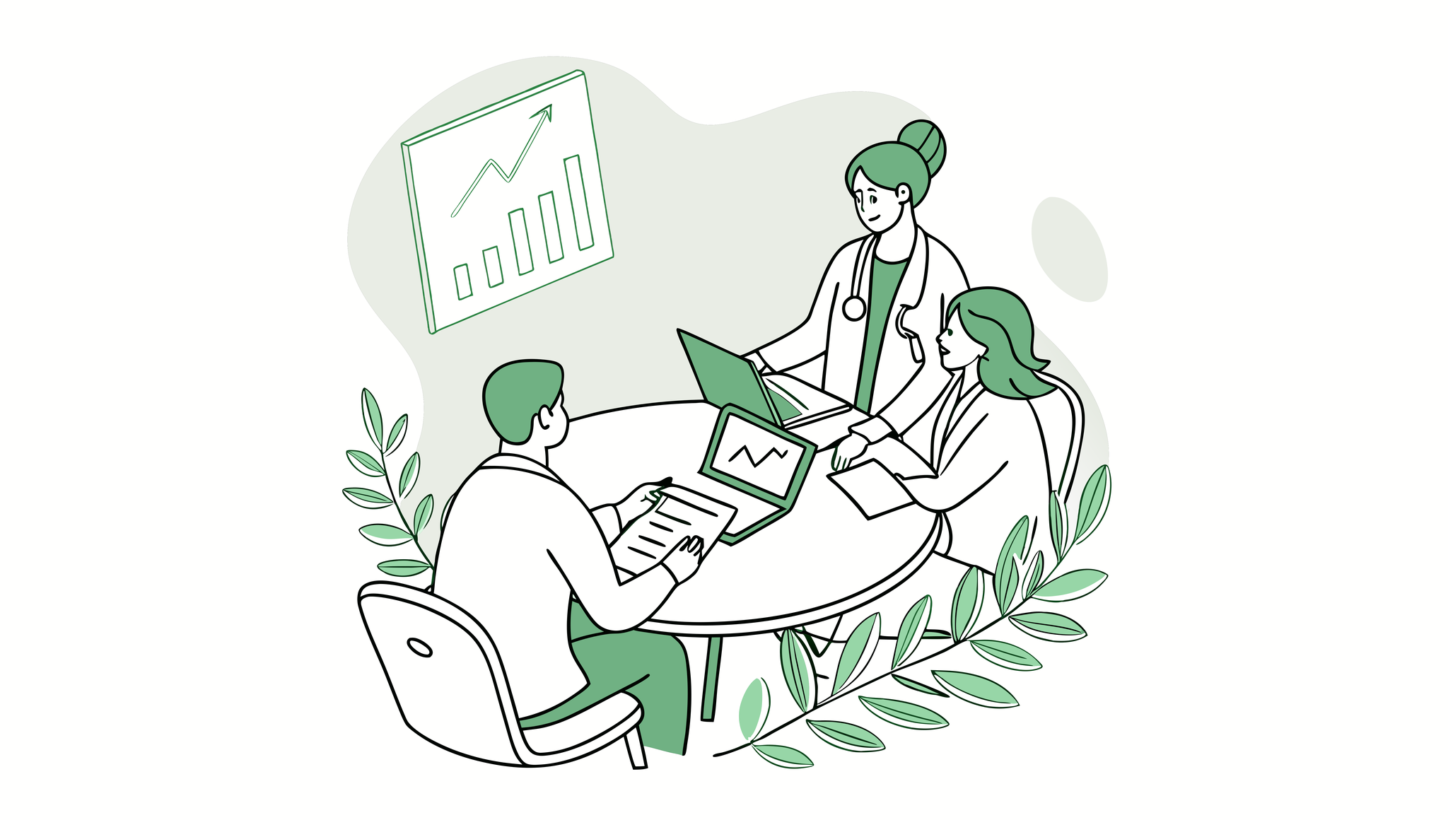 Stylized illustration of CPAs and pain practice owners collaborating on financial planning for healthcare M&A - SovDoc advisory services for interventional pain practice mergers and acquisitions