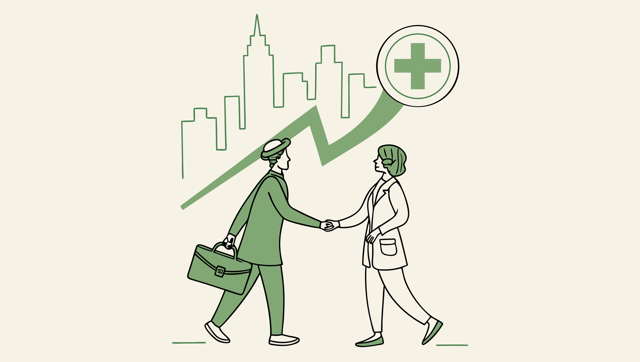 Two business professionals shaking hands beside an upward arrow, symbolizing growth in Med Spa practice mergers and acquisitions - SovDoc healthcare M&A advisory services for CPAs specializing in medical practice transactions.
