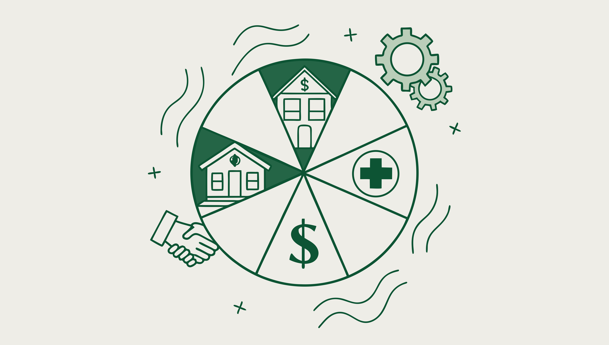 Stylized illustration for SovDoc healthcare M&A firm showing CPA advisor's role in memory care center acquisitions, featuring symbolic elements of healthcare facilities, financial data, and legal aspects of medical practice mergers and acquisitions.