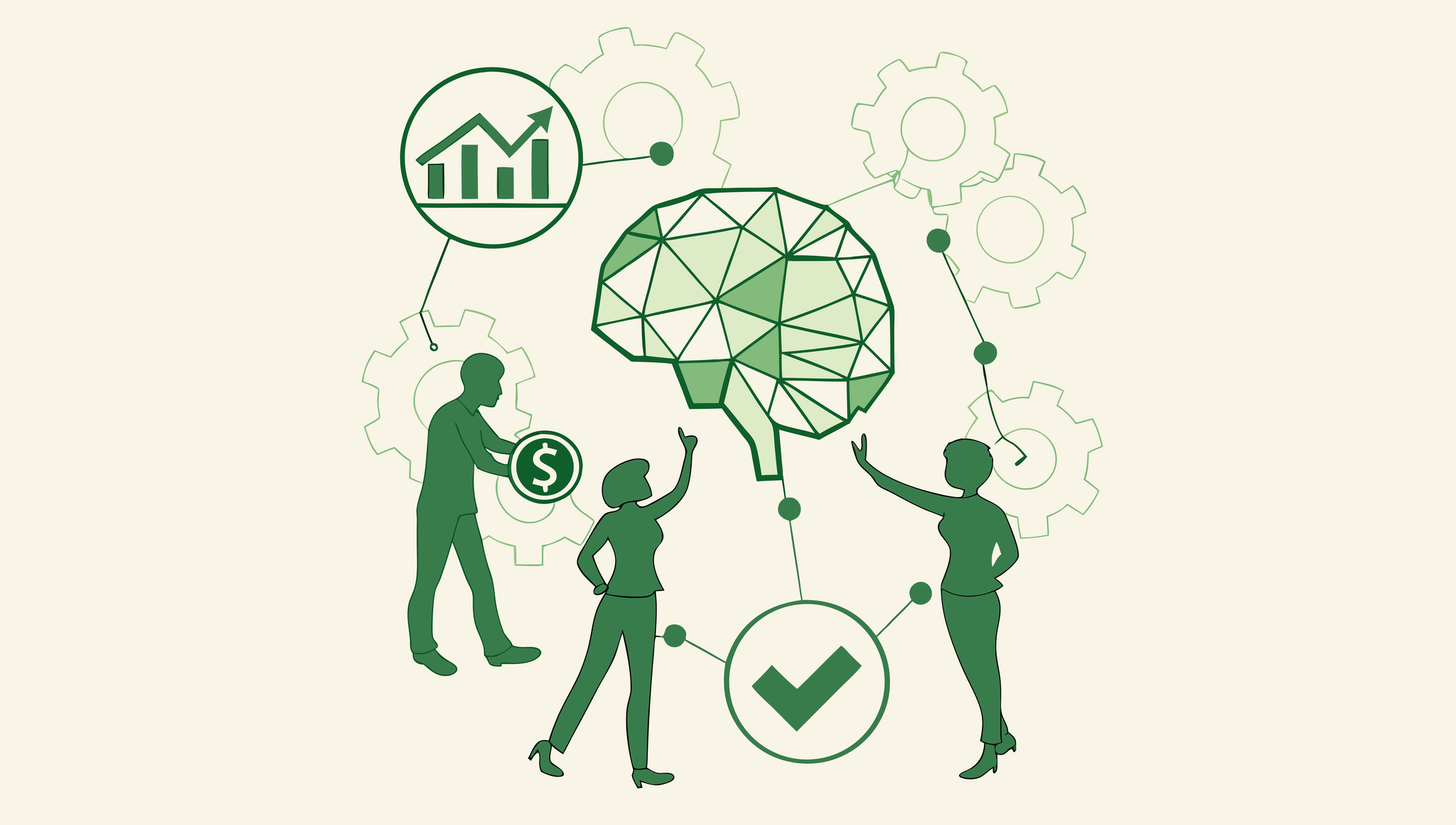 Abstract illustration of CPAs surrounding a glowing neurological brain with finance symbols and puzzle pieces representing healthcare mergers and acquisitions in neurological rehabilitation practices - SovDoc advisor roundup for medical practice M&A expertise