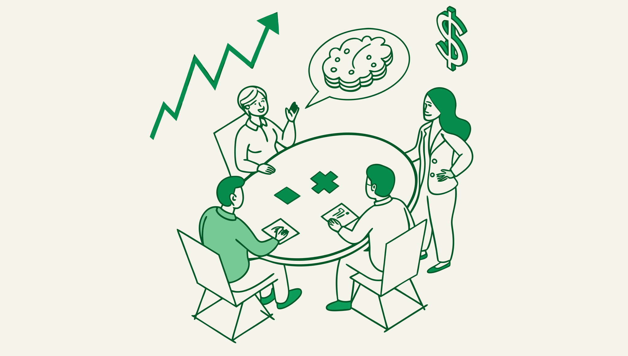 Abstract illustration of CPAs and neurology practice stakeholders discussing mergers and acquisitions around a conference table, with brain imagery and financial growth symbols - SovDoc healthcare M&A advisory for neurology practices