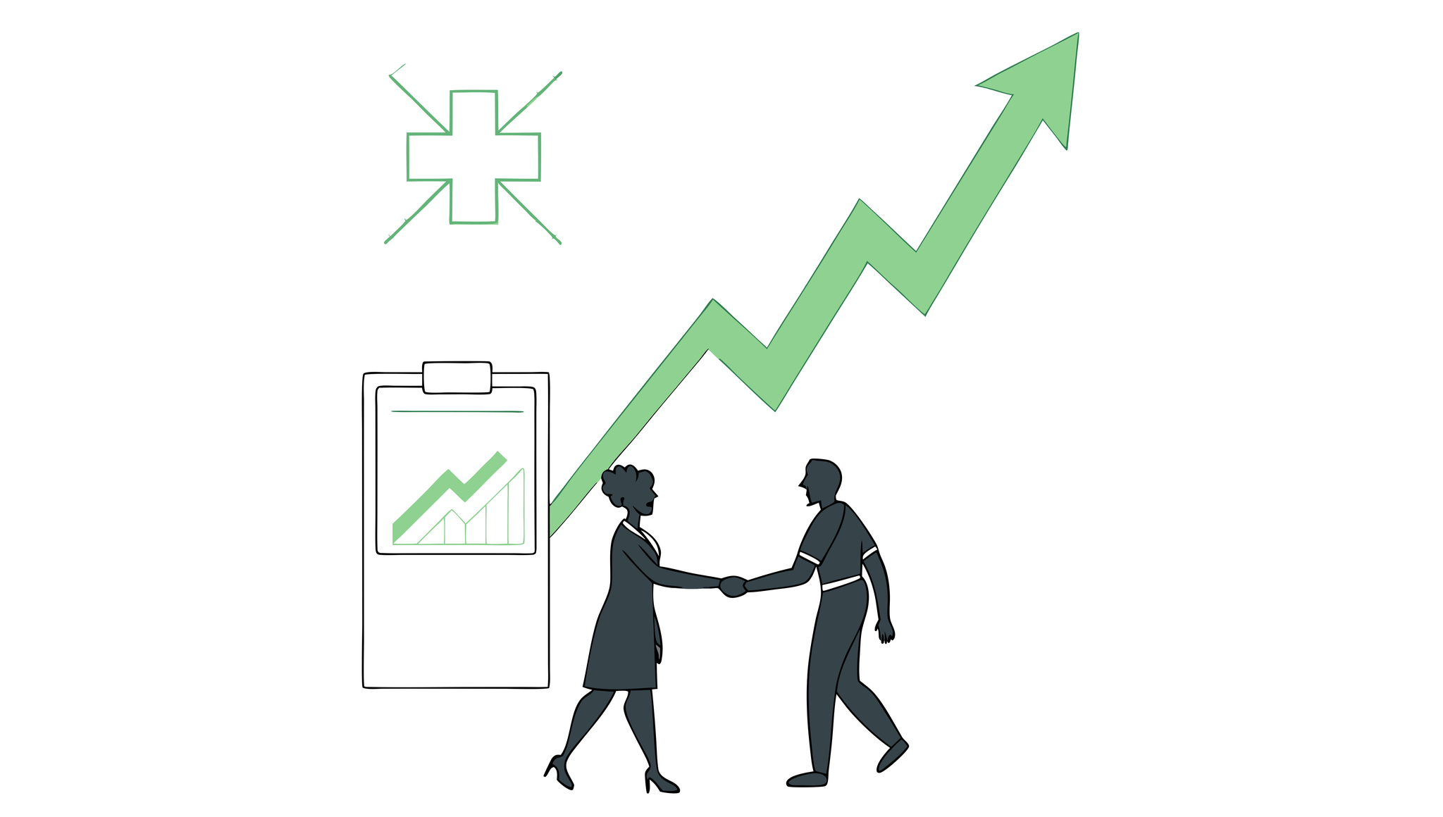 Minimalist illustration showing upward green growth trend with handshaking figures representing oncology practice mergers and acquisitions. SovDoc healthcare M&A advisors help CPAs navigate medical practice transactions with financial due diligence expertise.