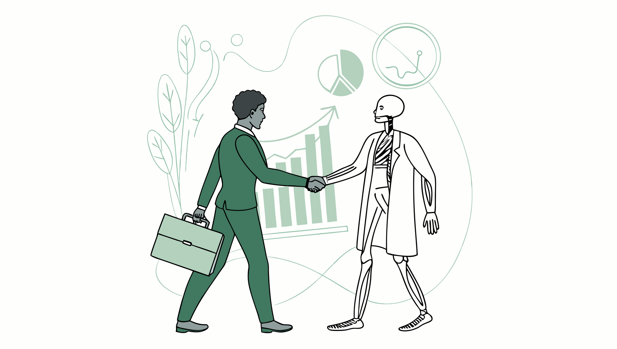 Business professional and medical practitioner shaking hands over orthopedic skeletal diagram, representing SovDoc's specialized M&A advisory services for CPAs in orthopedic and musculoskeletal practice mergers and acquisitions.