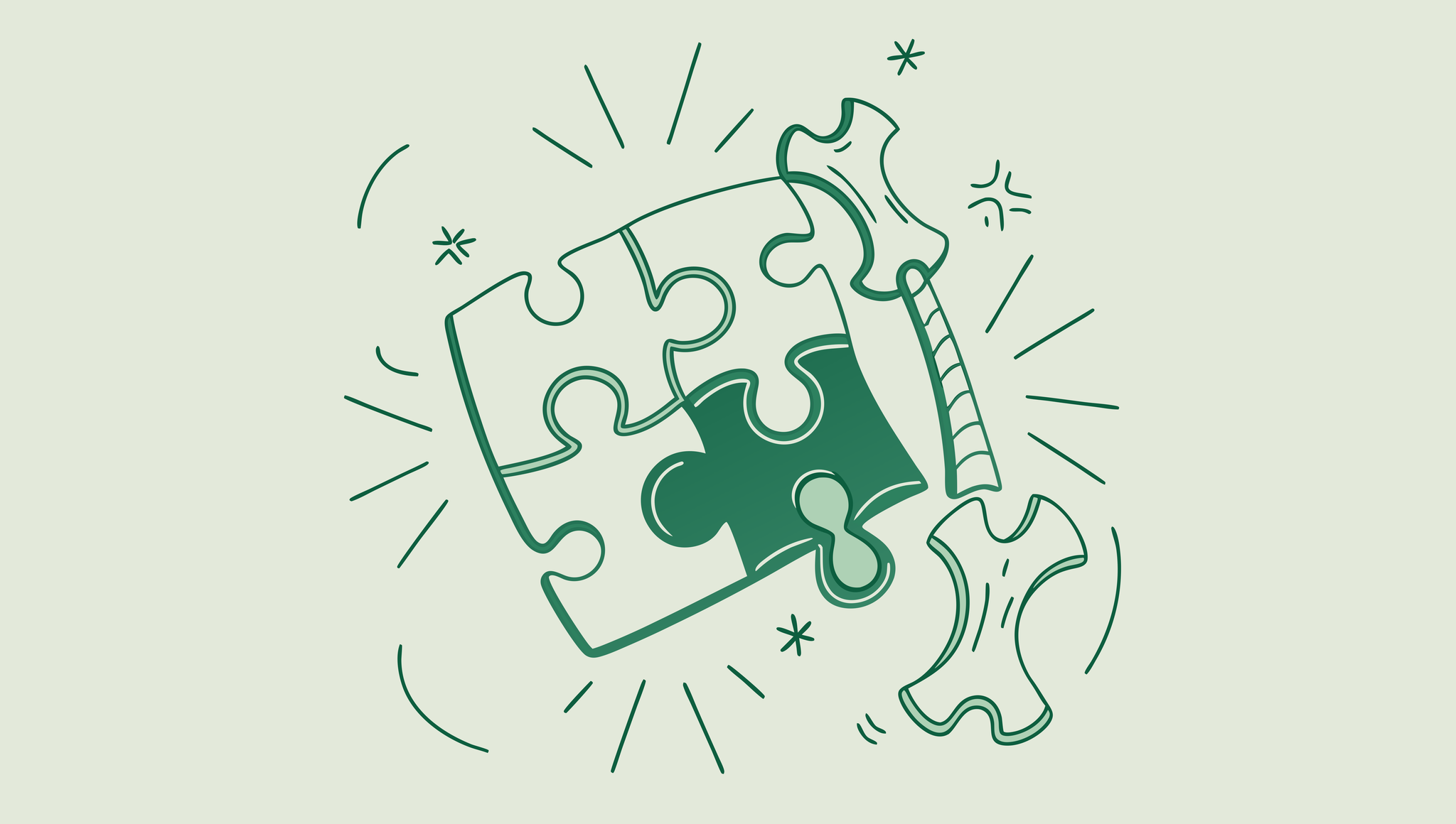 Abstract illustration representing orthopedic and post-surgical rehab practice M&A advisory services by SovDoc, showing interlocking puzzle pieces forming a medical and financial synergy with professional figures guiding healthcare transactions