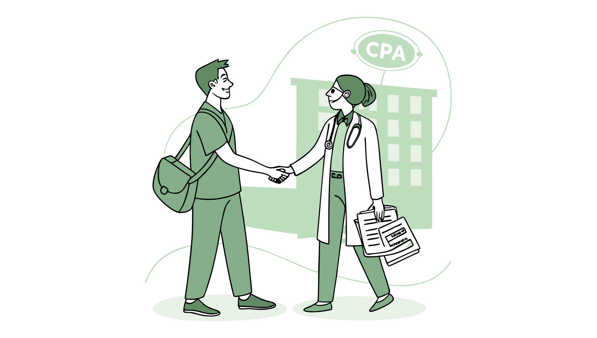 Illustration of primary care doctors in green scrubs shaking hands with a CPA in business attire, symbolizing medical practice mergers and acquisitions partnerships. SovDoc healthcare M&A advisory services for primary care physicians considering practice transitions and financial planning.