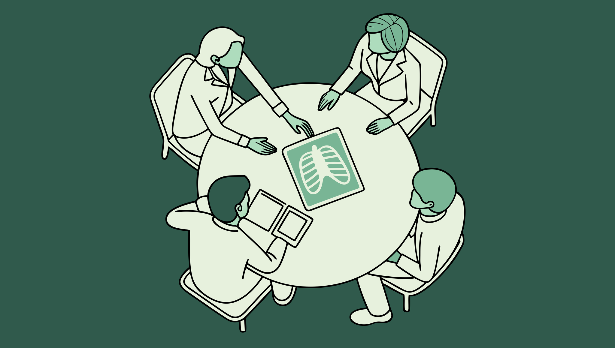 Vector illustration showing CPAs and advisors discussing radiology practice mergers and acquisitions around a table with medical imaging and handshake symbols, representing SovDoc's healthcare M&A advisory services for radiology practices.