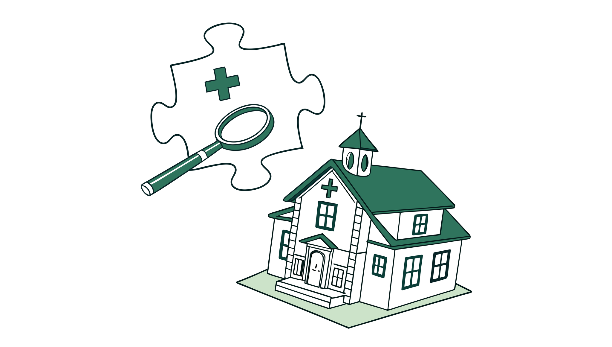 Illustration of a school and clinic building merged as puzzle pieces with a magnifying glass and growth chart, symbolizing SovDoc's expertise in school and community-based ABA practice mergers, acquisitions, and due diligence services for healthcare providers.