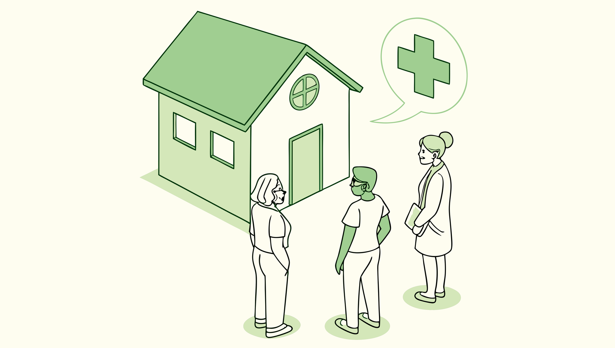 SovDoc healthcare M&A illustration showing CPAs collaborating around a skilled nursing facility with financial growth symbols, representing advisory services for SNF practice acquisitions and mergers.