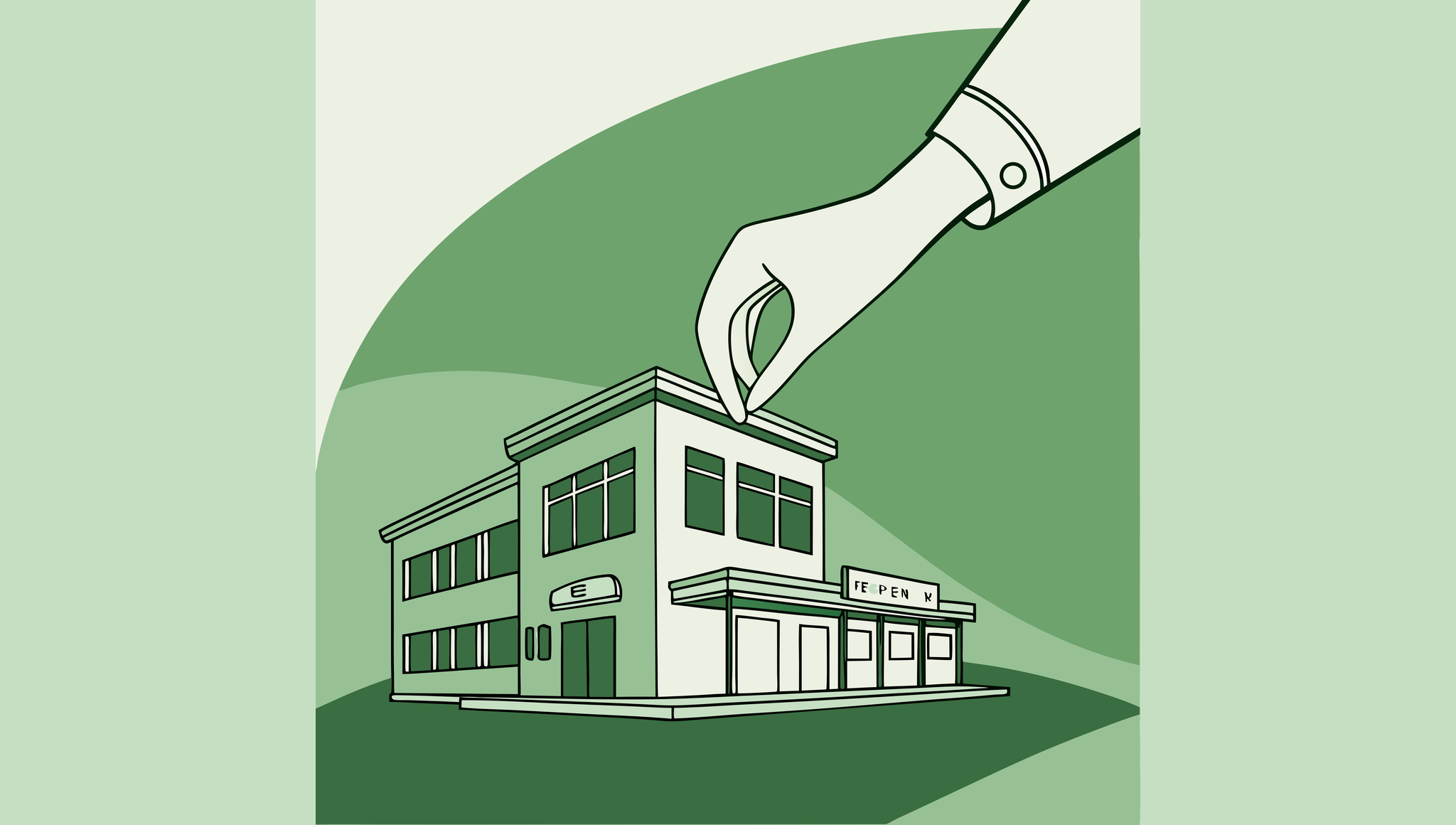 SovDoc M&A advisor illustration showing hand holding sports medicine therapy clinic model, symbolizing medical practice mergers and acquisitions in the healthcare performance sector