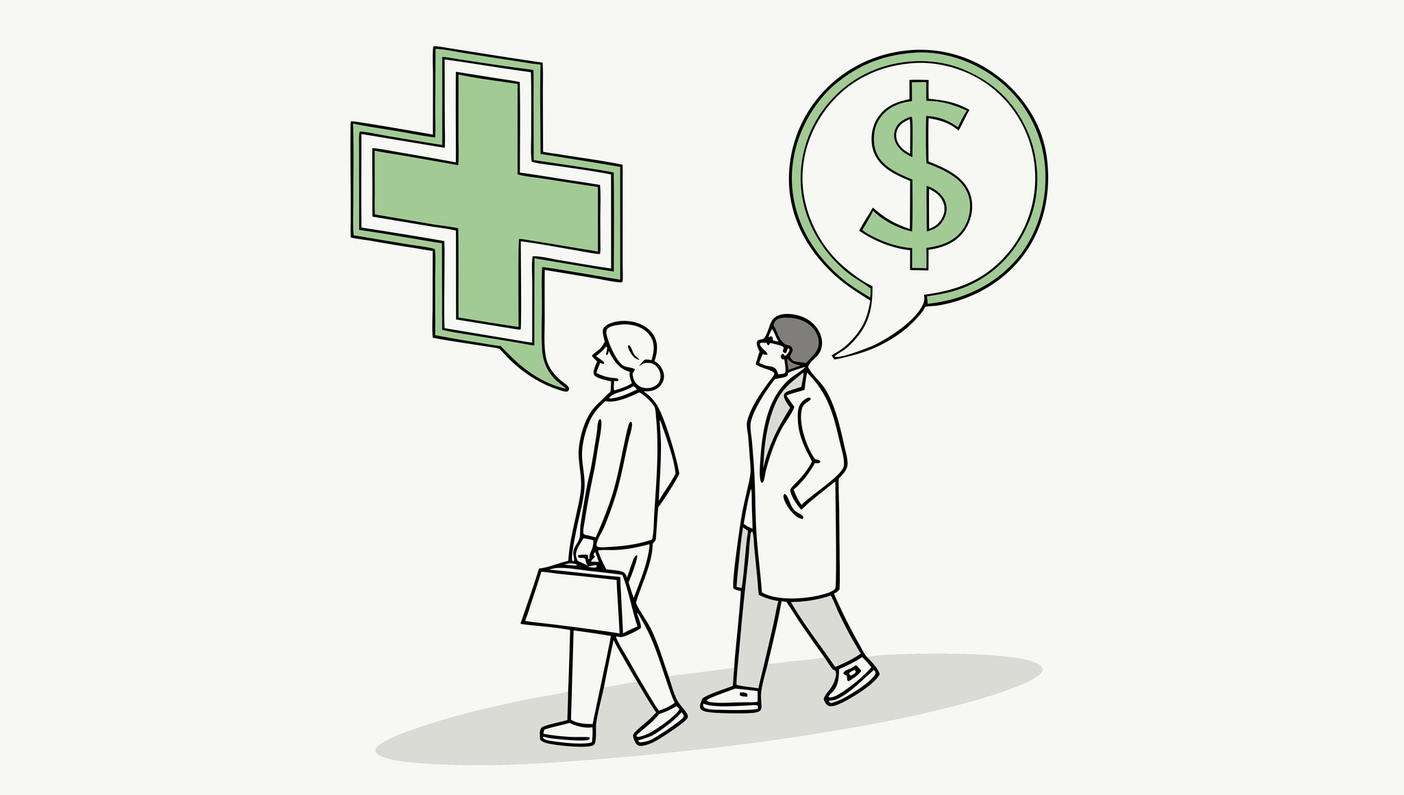 Illustration of urgent care practice merger showing medical symbols merging with a dollar sign, overseen by abstract figures - SovDoc healthcare M&A advisory for CPAs in medical practice transactions