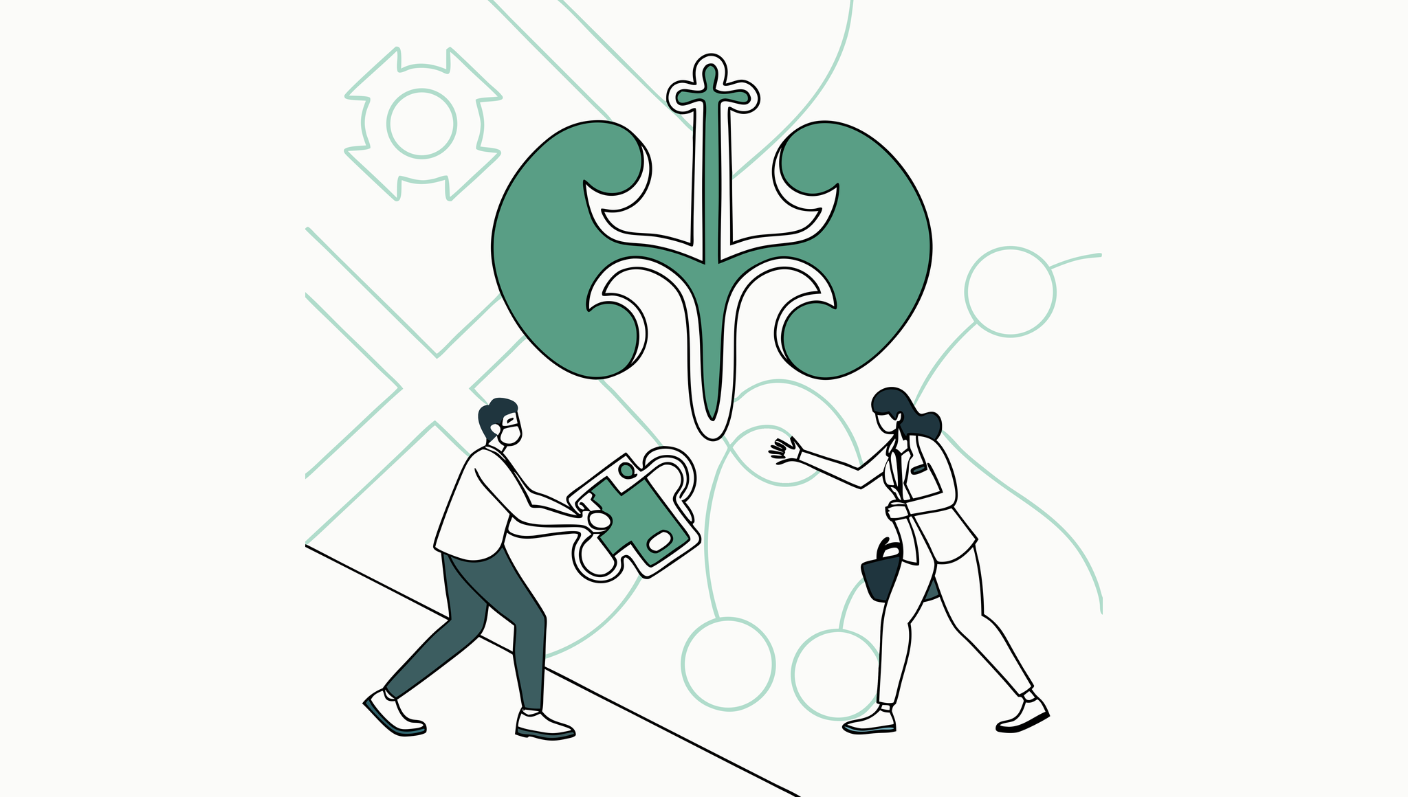 Abstract illustration representing urology practice mergers and acquisitions, featuring interlocking symbols suggesting integration and strategic growth - SovDoc healthcare M&A advisory services for urology practices