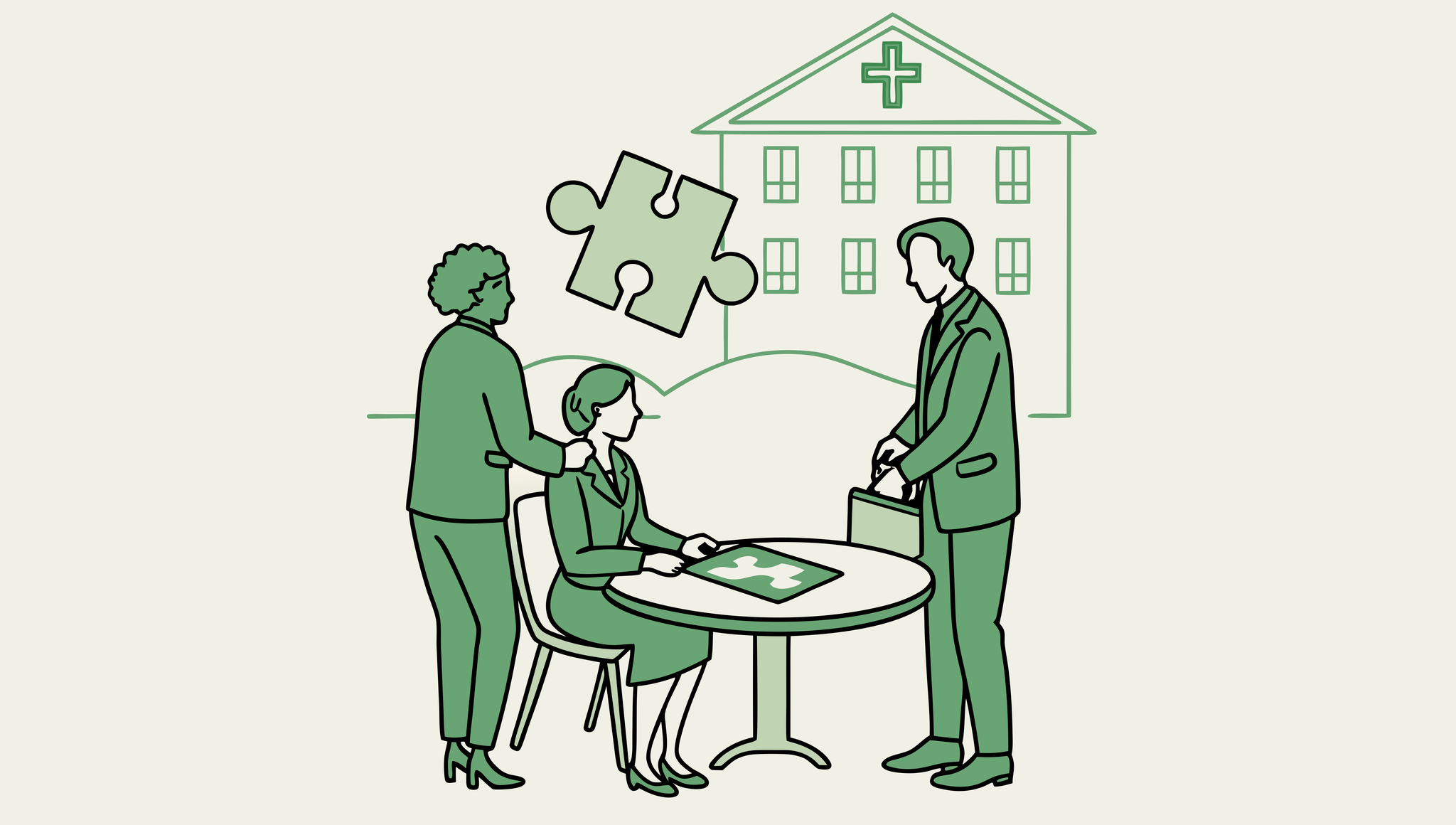Healthcare professionals discuss assisted living facility acquisitions and mergers at SovDoc, represented by business figures around a table with financial growth indicators and healthcare symbols - representing healthcare M&A advisory services.