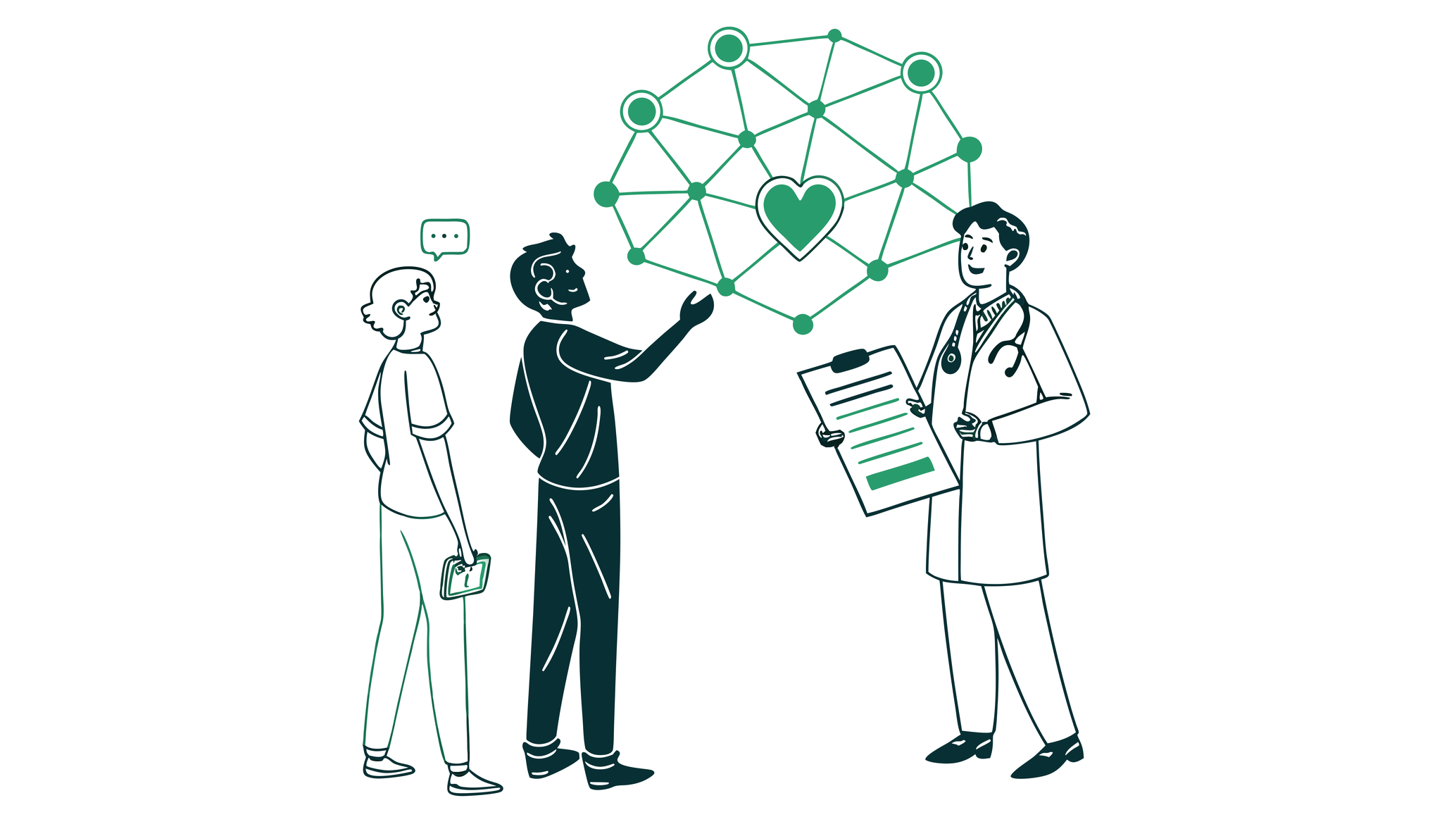 Stylized illustration showing financial advisors and physicians collaborating around a network visualization that forms a heart shape, representing SovDoc's expertise in cardiology practice mergers and acquisitions for medical professionals seeking financial guidance.