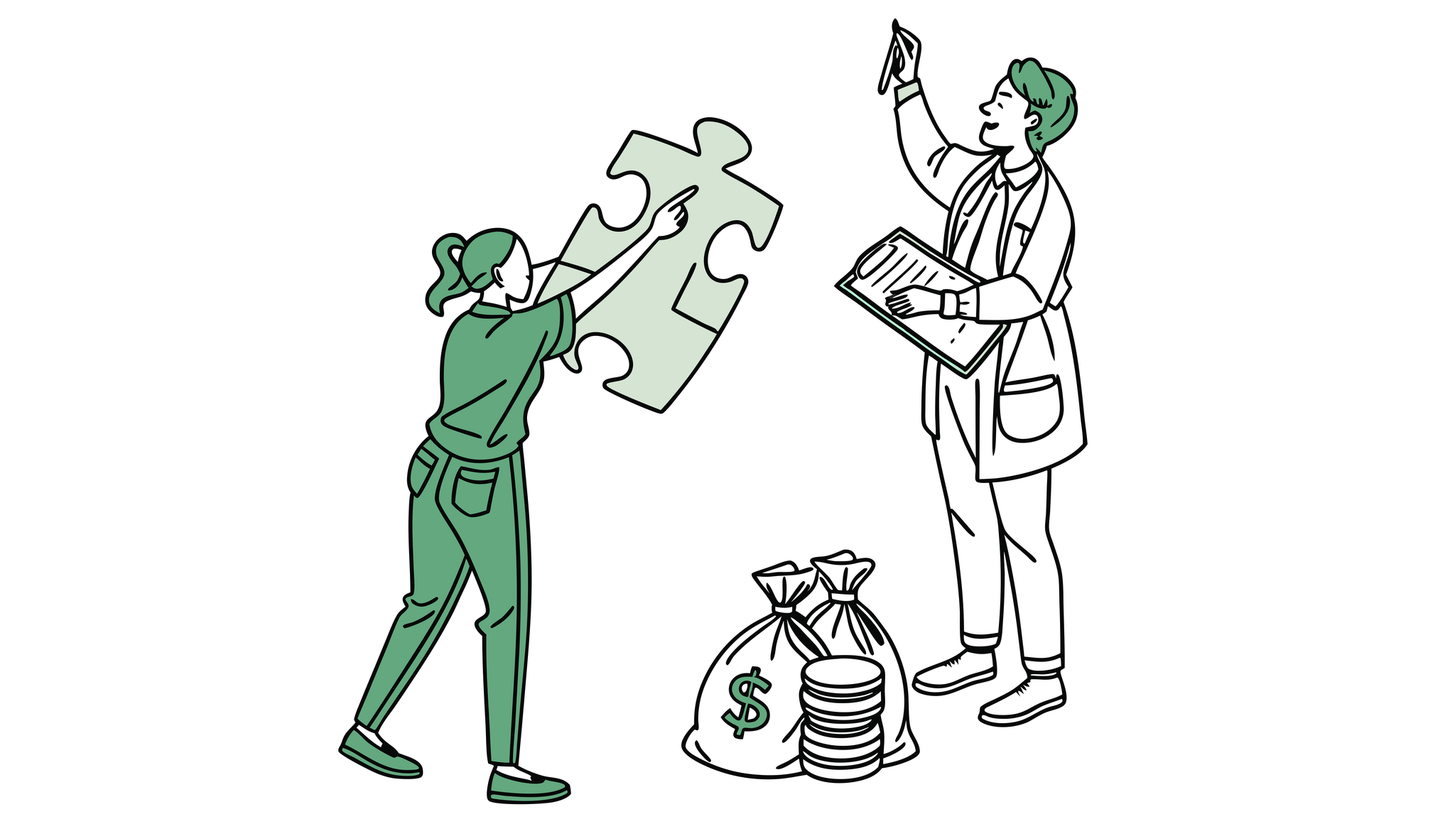 Illustration depicting ABA therapy clinic acquisition - green figures representing clinic staff collaborating with offwhite figures representing financial advisors across a connecting puzzle piece, symbolizing strategic healthcare M&A partnerships. SovDoc supports clinic-based ABA therapy practice transitions and valuation.