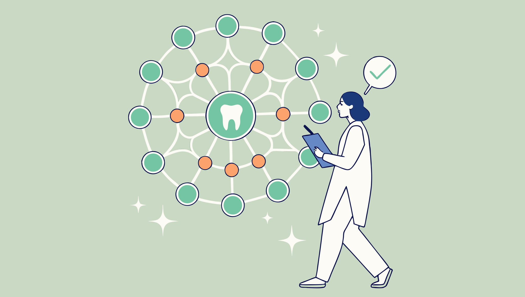 SovDoc illustration of dental practice mergers and acquisitions network showing a central glowing molar connected to smaller practices, with financial advisor figure analyzing growth trends - representing healthcare M&A advisory services for dental professionals.