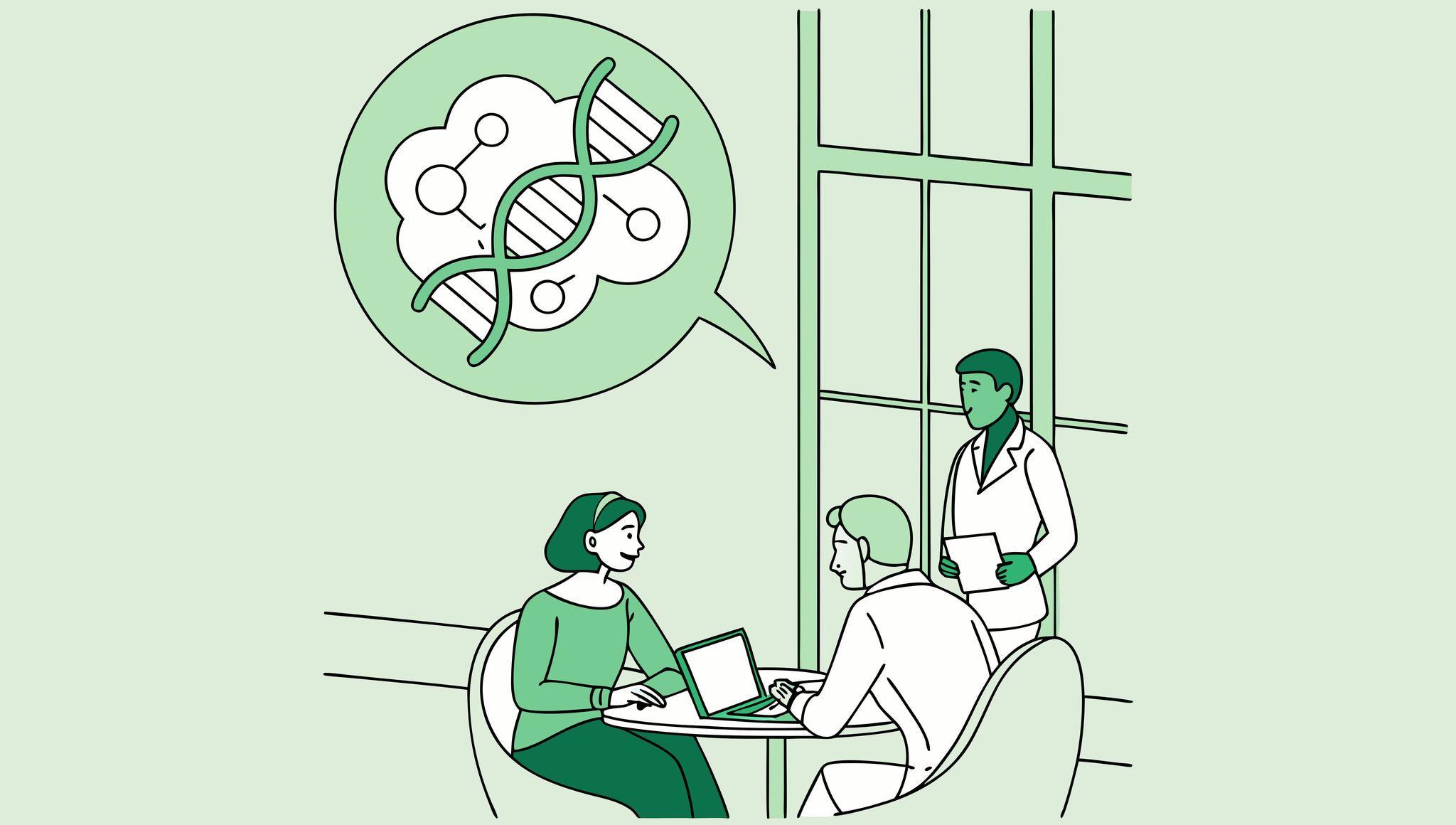 SovDoc healthcare M&A illustration depicting financial planners and a geriatric behavioral health practitioner collaborating in a modern boardroom, with stylized DNA and brain imagery representing the intersection of financial planning and behavioral health in medical practice mergers and acquisitions.