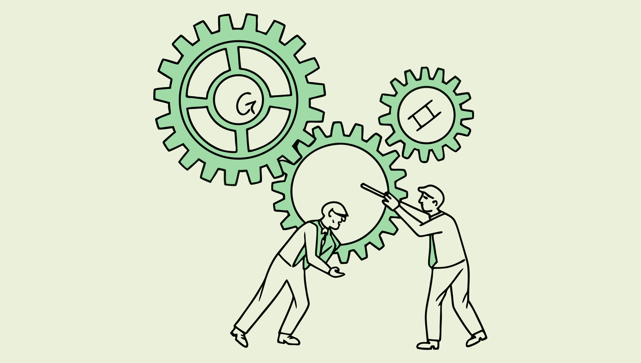 SovDoc's advisor roundup illustration showing interlocking green gears symbolizing GI and Hepatology practice integration, with experts analyzing the medical merger process - representing specialized healthcare M&A advisory services for gastroenterology and hepatology practices.
