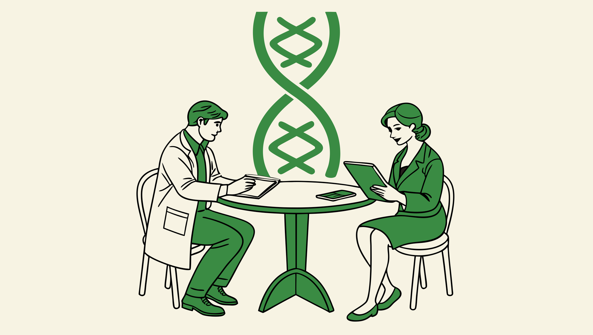 Minimalist illustration of financial planners and hospice care professionals meeting at a DNA-shaped table discussing medical practice M&A, with growth metrics displayed - representing SovDoc's healthcare merger and acquisition advisory services for hospice care organizations.