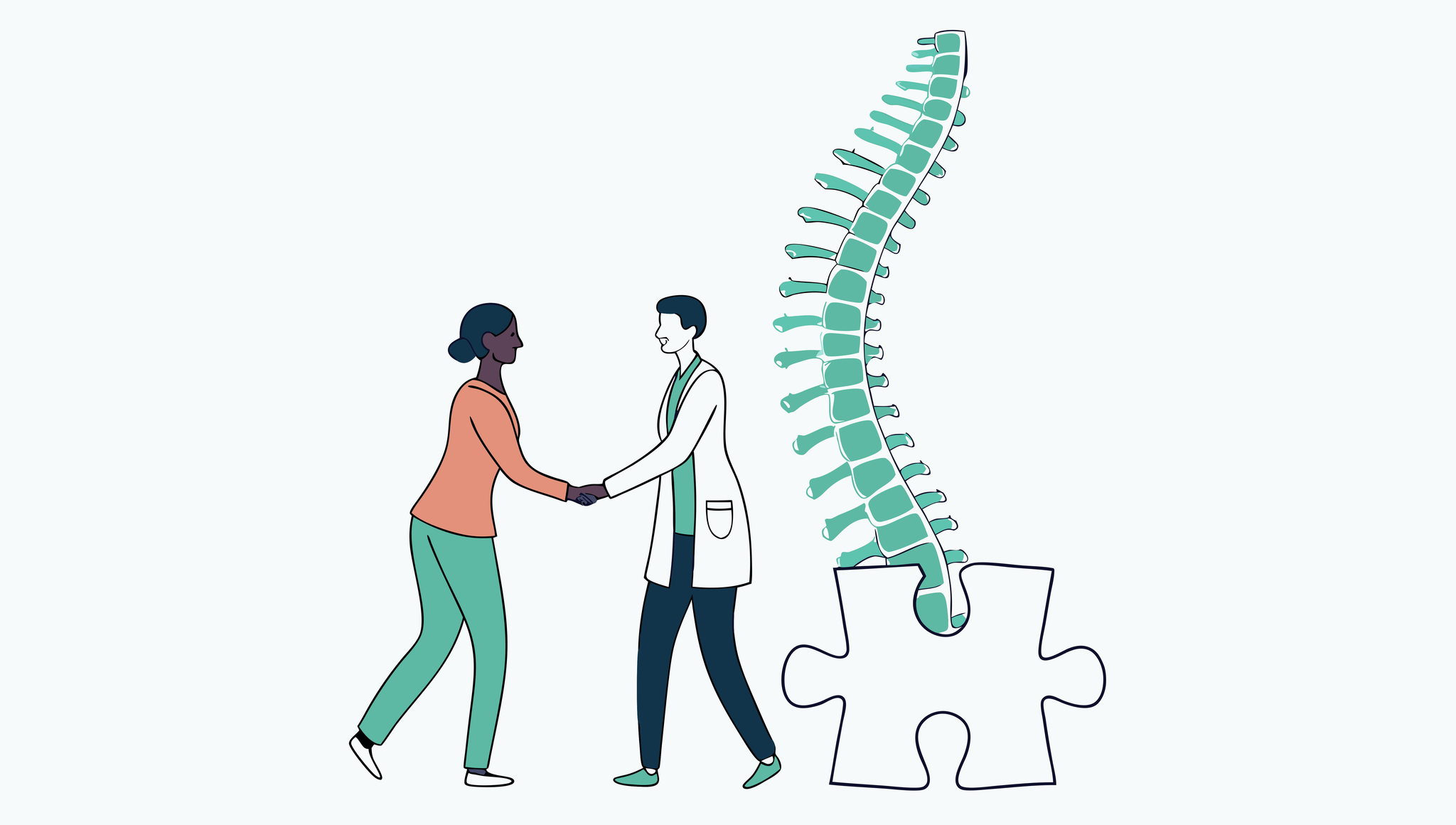 Two professionals shaking hands over a stylized green spine with integrated puzzle piece, symbolizing SovDev's expertise in interventional pain practice mergers and acquisitions for financial planners in healthcare.
