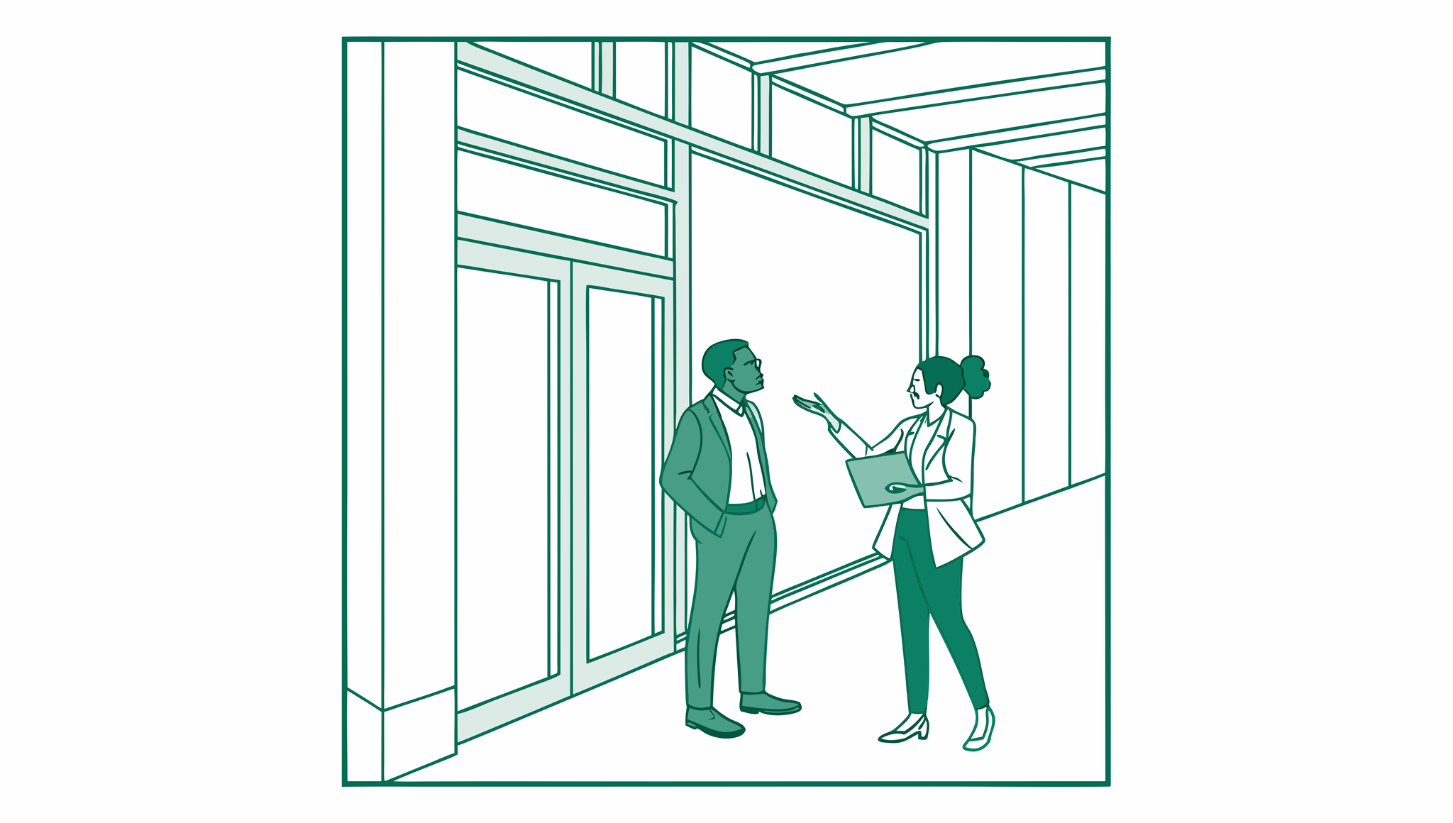 Minimalist illustration of financial advisors meeting with med spa owners, representing SovDoc's healthcare M&A services for medical practice mergers and acquisitions in the med spa industry.