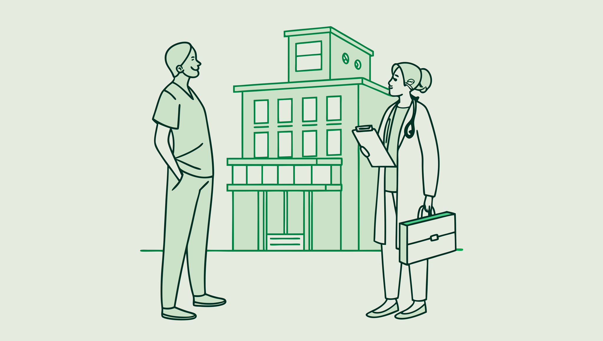 Minimalist vector illustration depicting a financial planner and healthcare administrator on either side of a memory care facility with a merger symbol between them. Representing healthcare M&A advisory services for memory care centers by SovDoc.