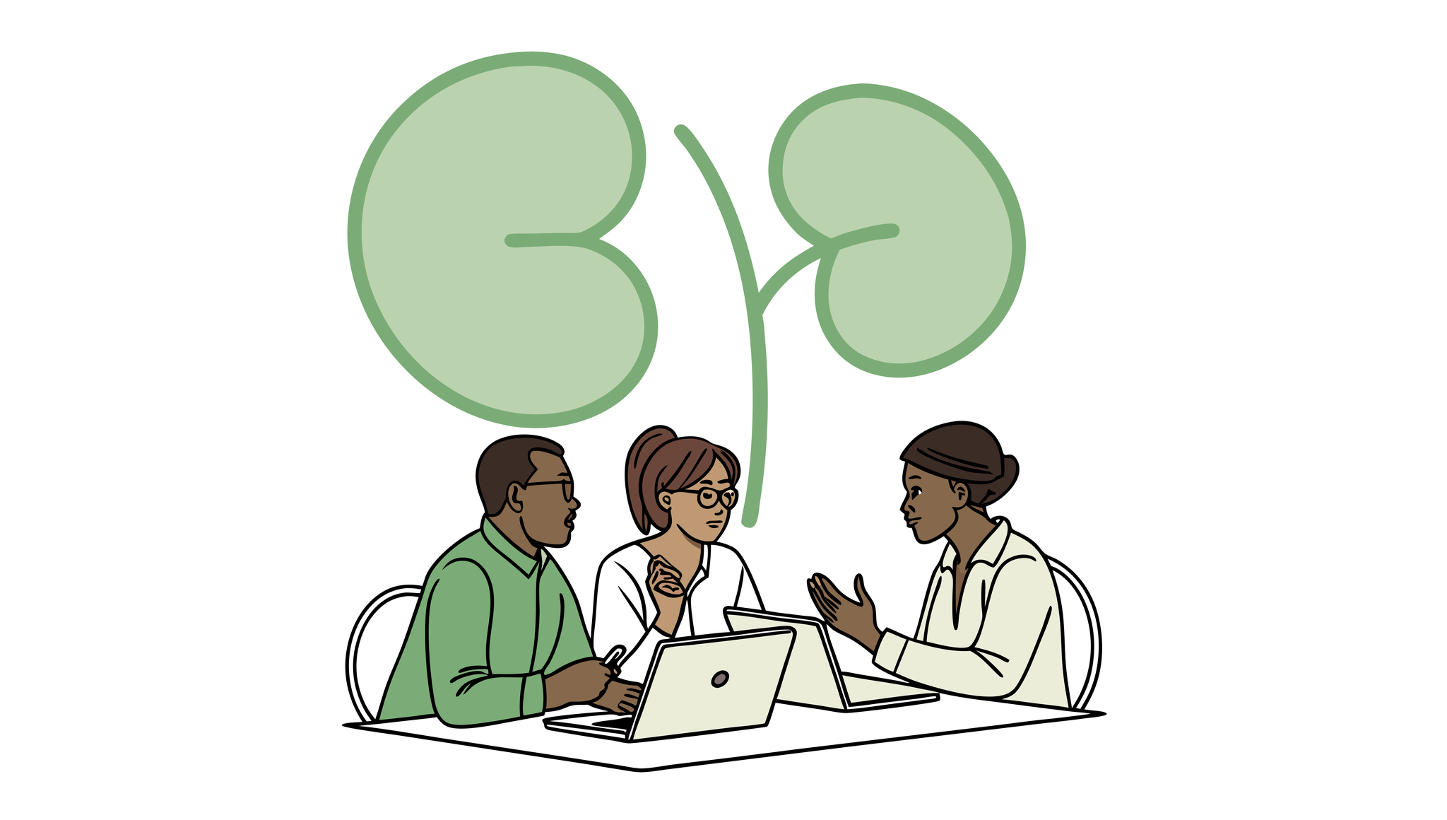 Financial advisors discussing nephrology practice mergers and acquisitions at a business meeting. SovDoc healthcare M&A professionals collaborate on medical practice transition strategies for kidney specialists, represented by the subtle green kidney outline in the background.