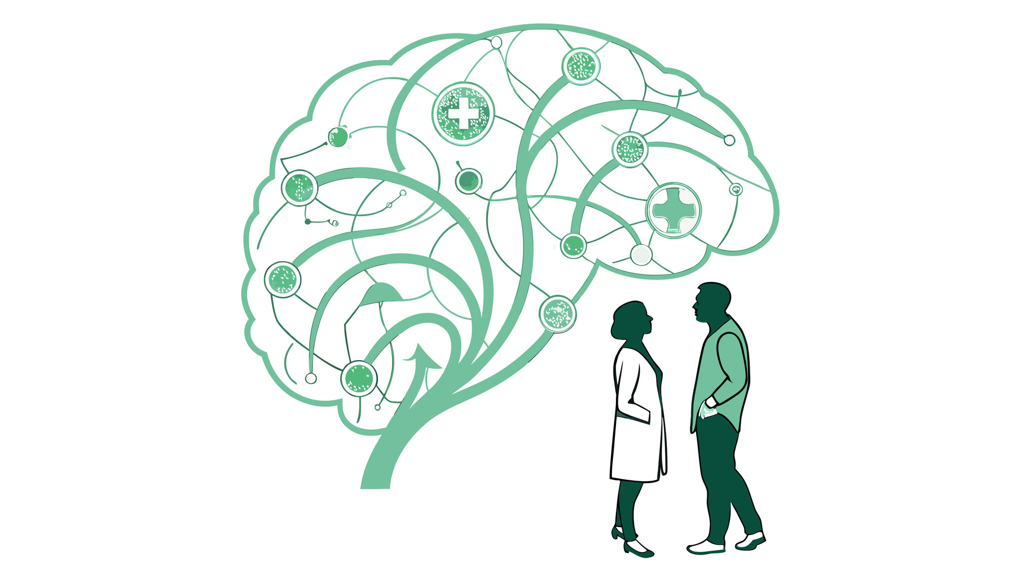 Abstract illustration showing two figures contemplating a green neurological network with interconnected medical practices, representing SovDoc's expertise in neurological rehabilitation practice mergers and acquisitions for financial planners in healthcare M&A.