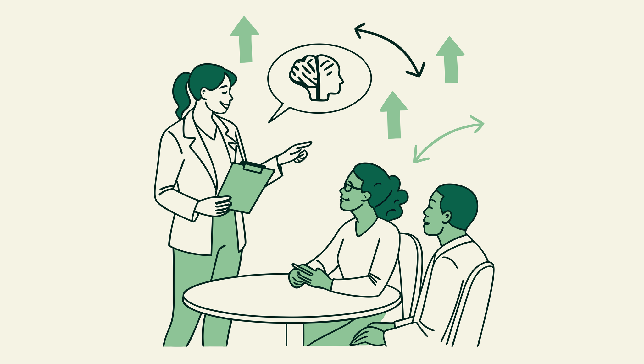 SovDoc healthcare M&A professionals collaborating around a table with brain and merger symbols, discussing neurological practice acquisitions and financial planning strategies for medical practice mergers in a modern, minimalist green illustration.