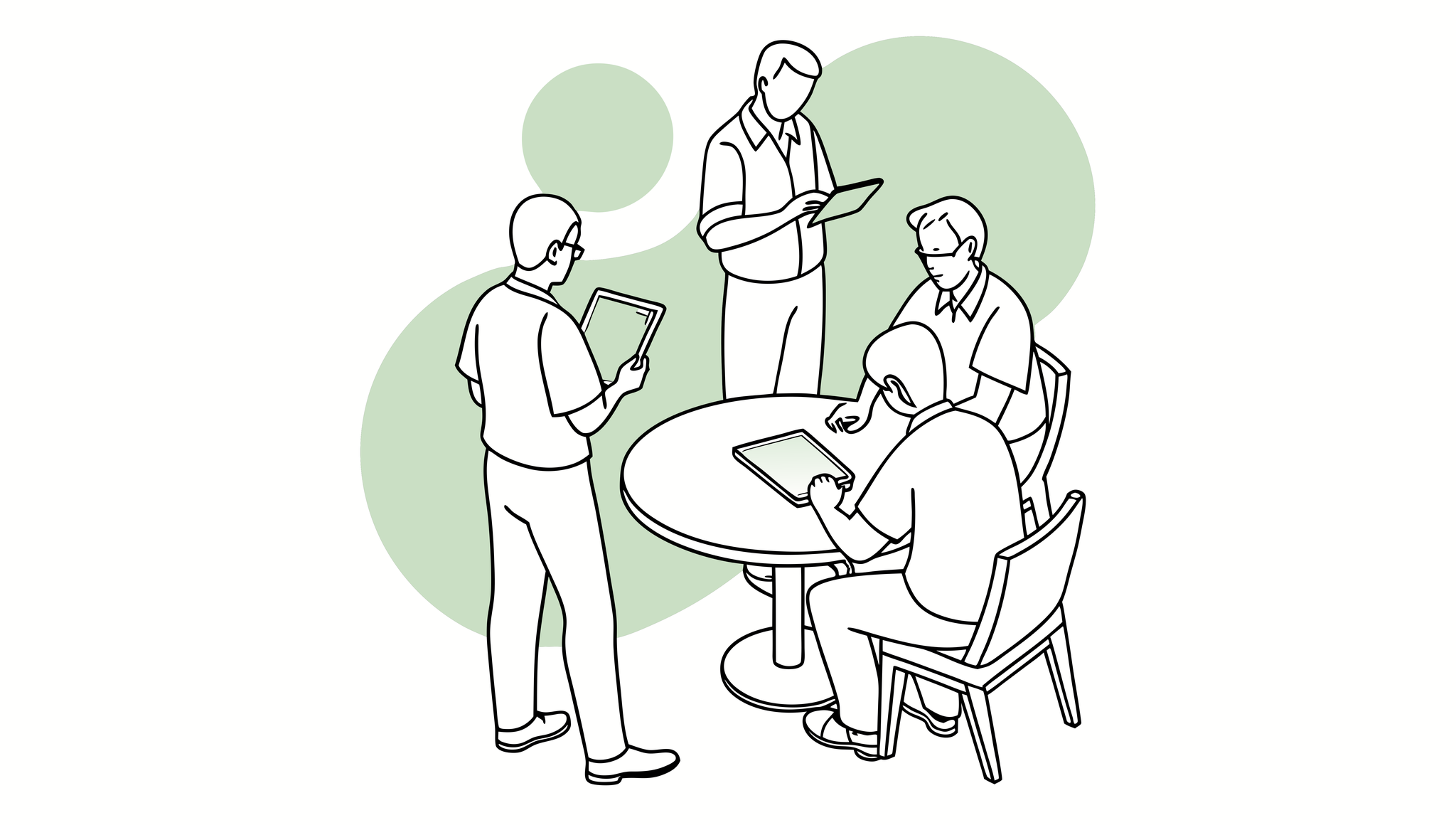 Stylized healthcare professionals collaborating at a round table during a medical practice merger discussion, representing SovDoc's advisory services for Financial Planners in Occupational & Hand Therapy acquisitions.