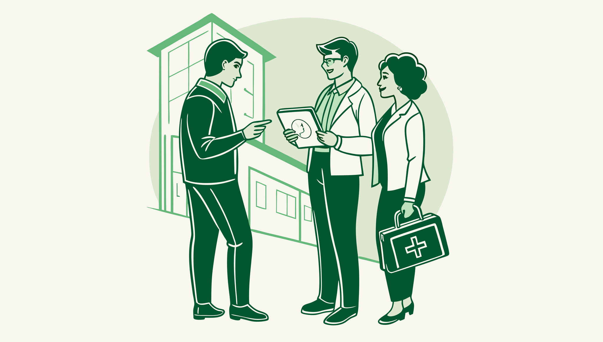Stylized illustration showing medical advisor and financial planners discussing oncology practice M&A strategies with data trends - SovDoc healthcare M&A specialists for oncology practice mergers and acquisitions.