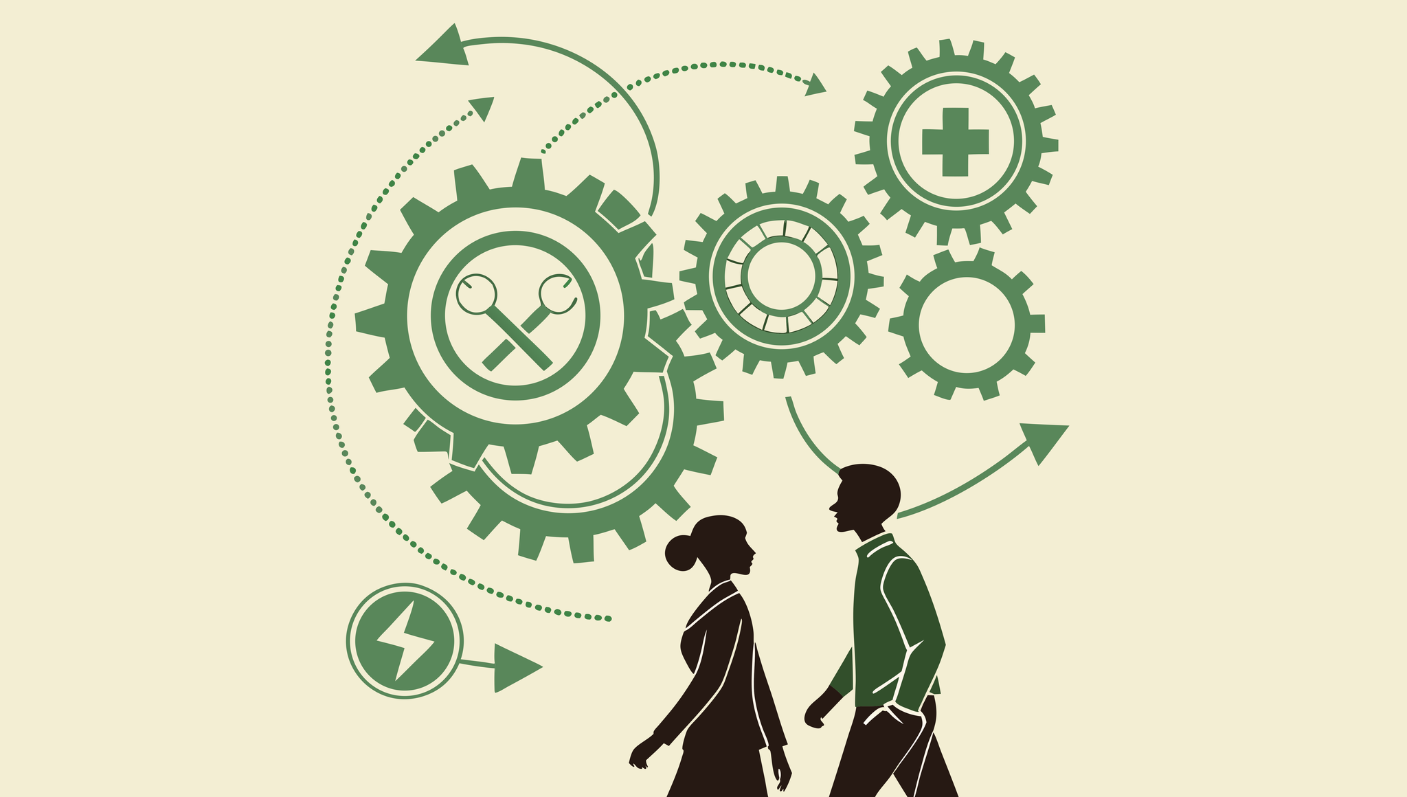 Abstract illustration showing interconnected gears representing hospitals and orthopedic practices with strategic growth patterns, alongside silhouetted figures of an advisor and principal near an upward arrow - representing SovDoc's specialized M&A advisory services for orthopedic and musculoskeletal practice mergers and acquisitions.