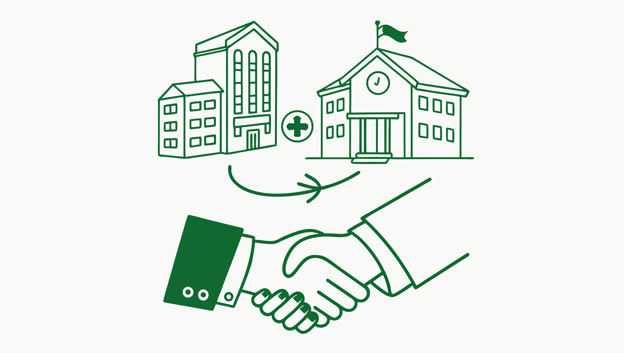 Stylized green and off-white handshake illustration representing healthcare M&A for physical therapy practices. SovDoc's advisor roundup helps financial planners navigate outpatient practice mergers and acquisitions.