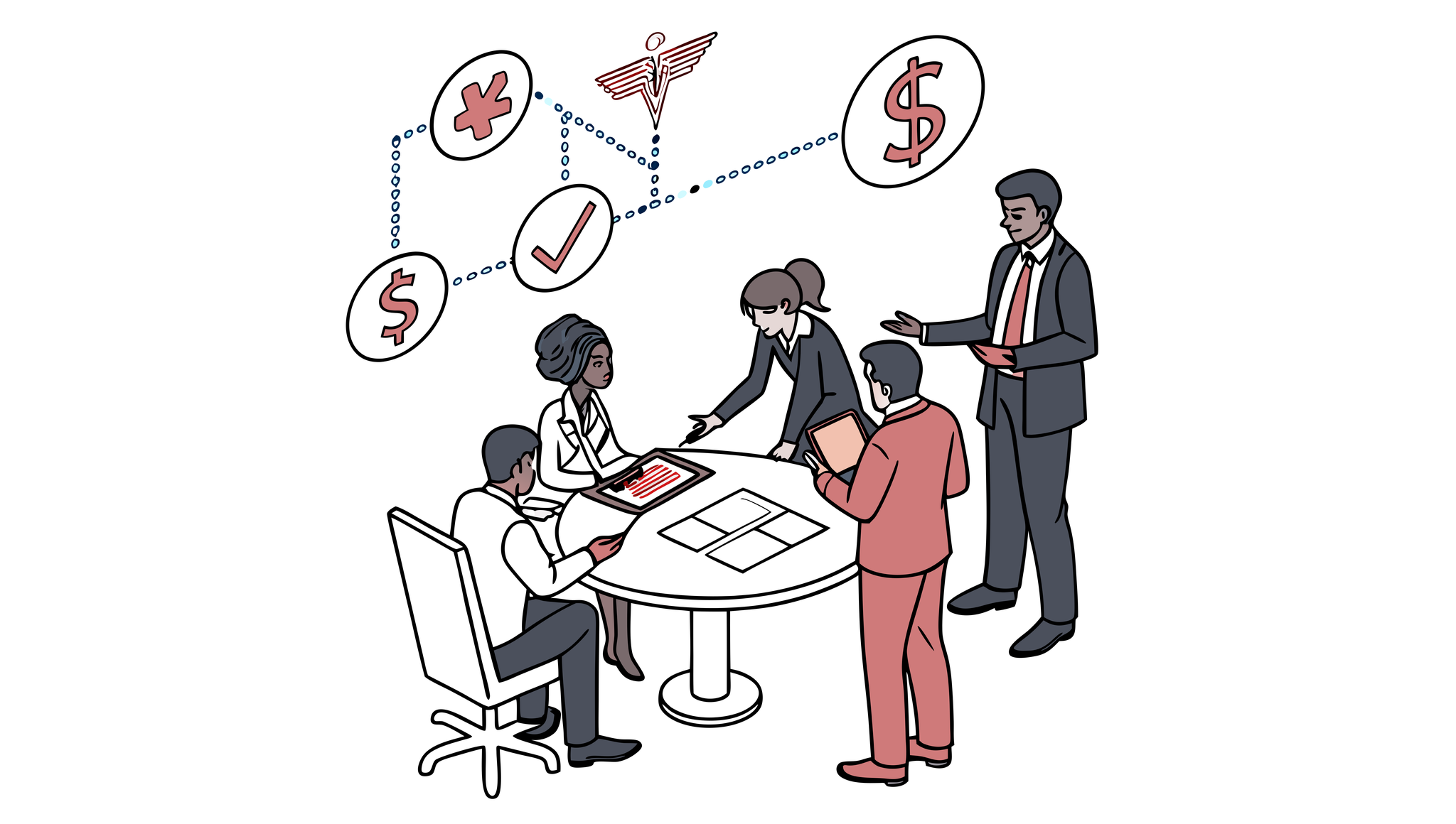 Modern illustration of financial advisors discussing healthcare M&A strategies at SovDoc, specialists in palliative care practice mergers and acquisitions. Business professionals analyze medical facility integration projections and value-based care opportunities.