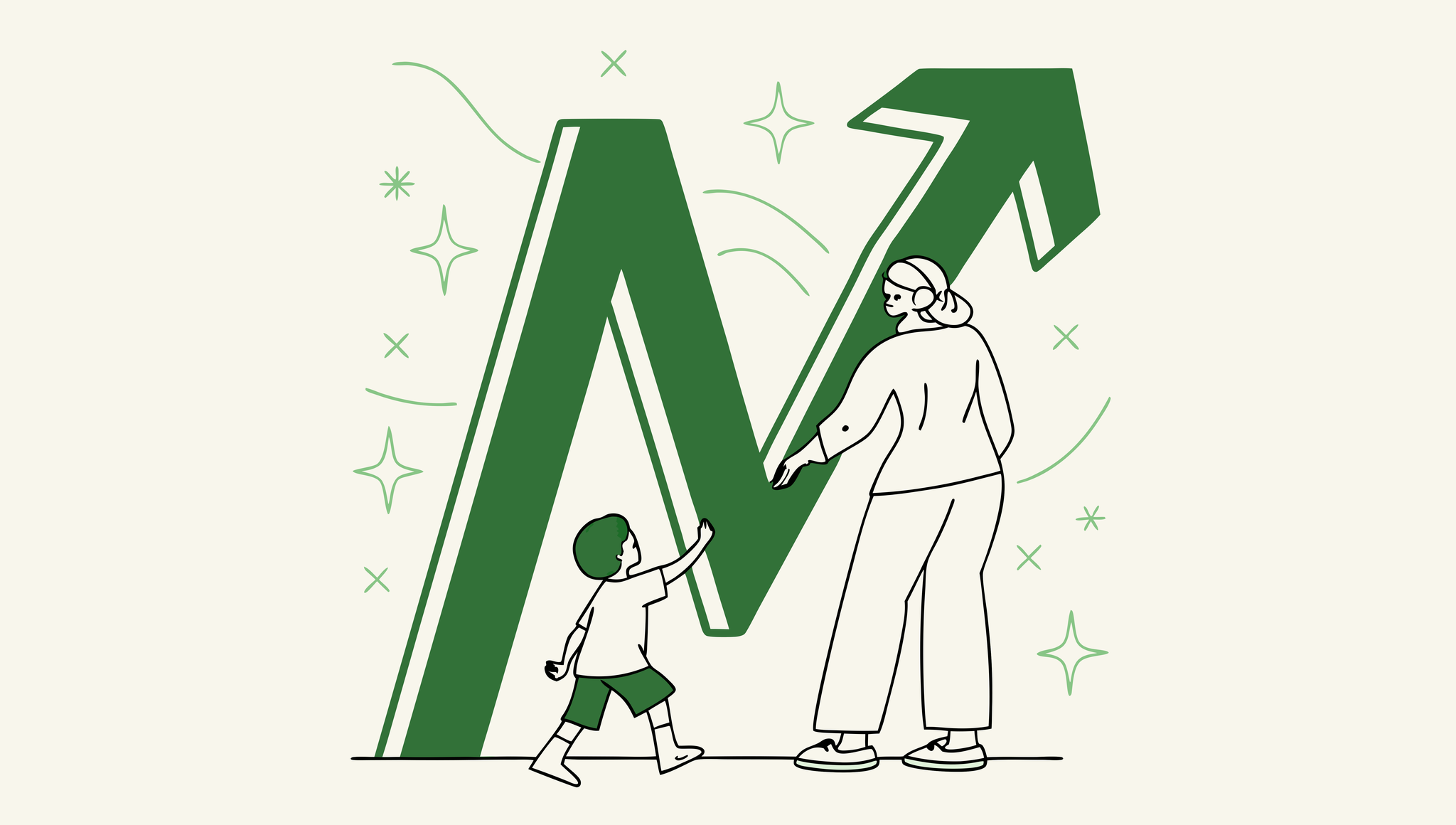 Abstract illustration of merging M and A shapes with pediatric care symbol and upward growth graph, representing SovDoc's expertise in pediatric physical therapy practice mergers and acquisitions.