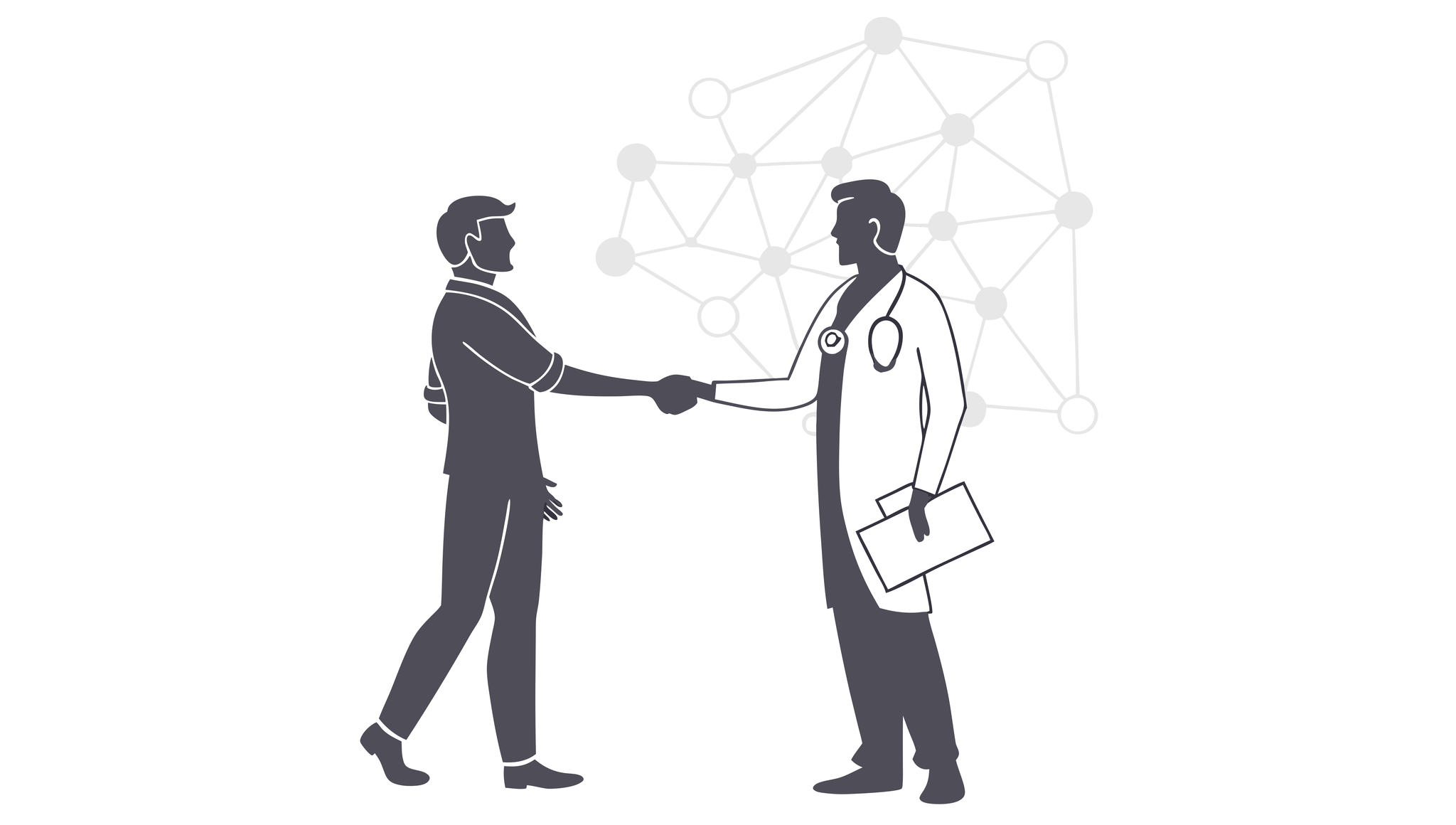 Financial planner and radiology practice owner shaking hands against a background of interconnected data networks and subtle medical imaging elements - representing SovDoc's healthcare M&A advisory services for radiology practice mergers and acquisitions.