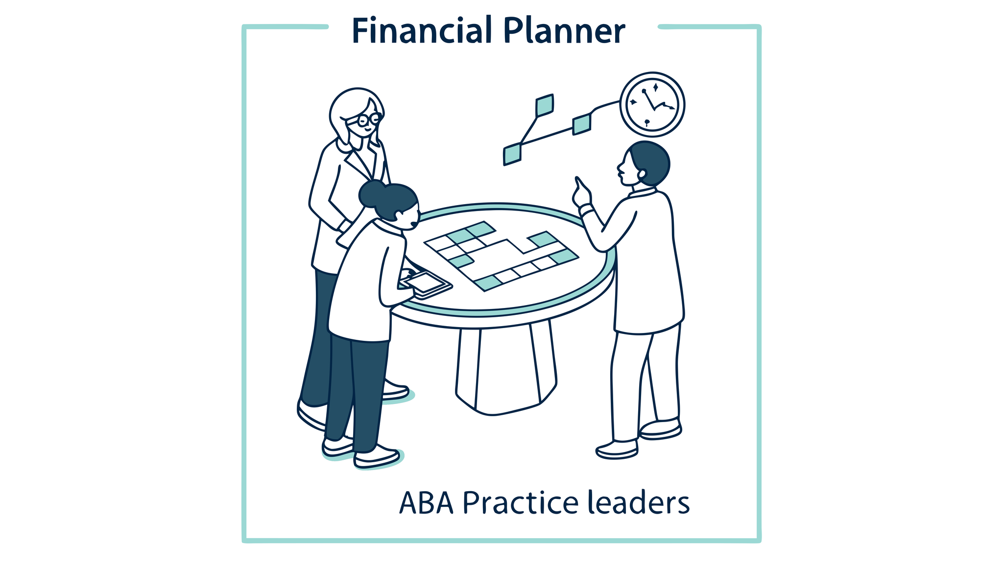 Minimalist illustration of financial planners discussing ABA medical practice mergers and acquisitions around a flowchart table, with merging puzzle pieces symbolizing practice integration. SovDoc's healthcare M&A advisory services support school and community-based ABA practice leaders through strategic transactions.