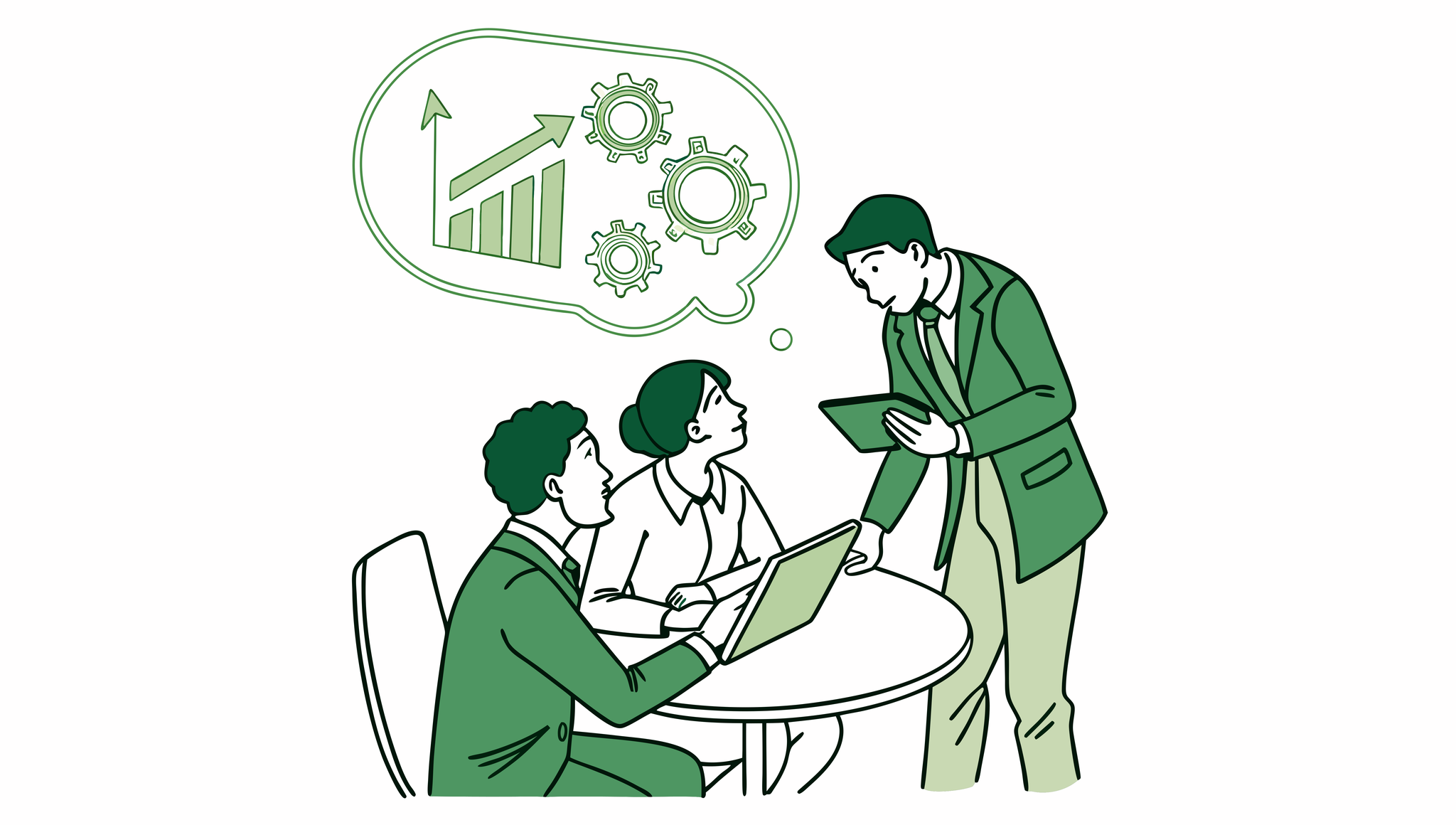 Stylized illustration of financial planners discussing sports medicine practice M&A strategies, with data visualization and collaborative planning - SovDoc healthcare mergers and acquisitions advisory services for medical practices specializing in sports medicine and performance therapy.